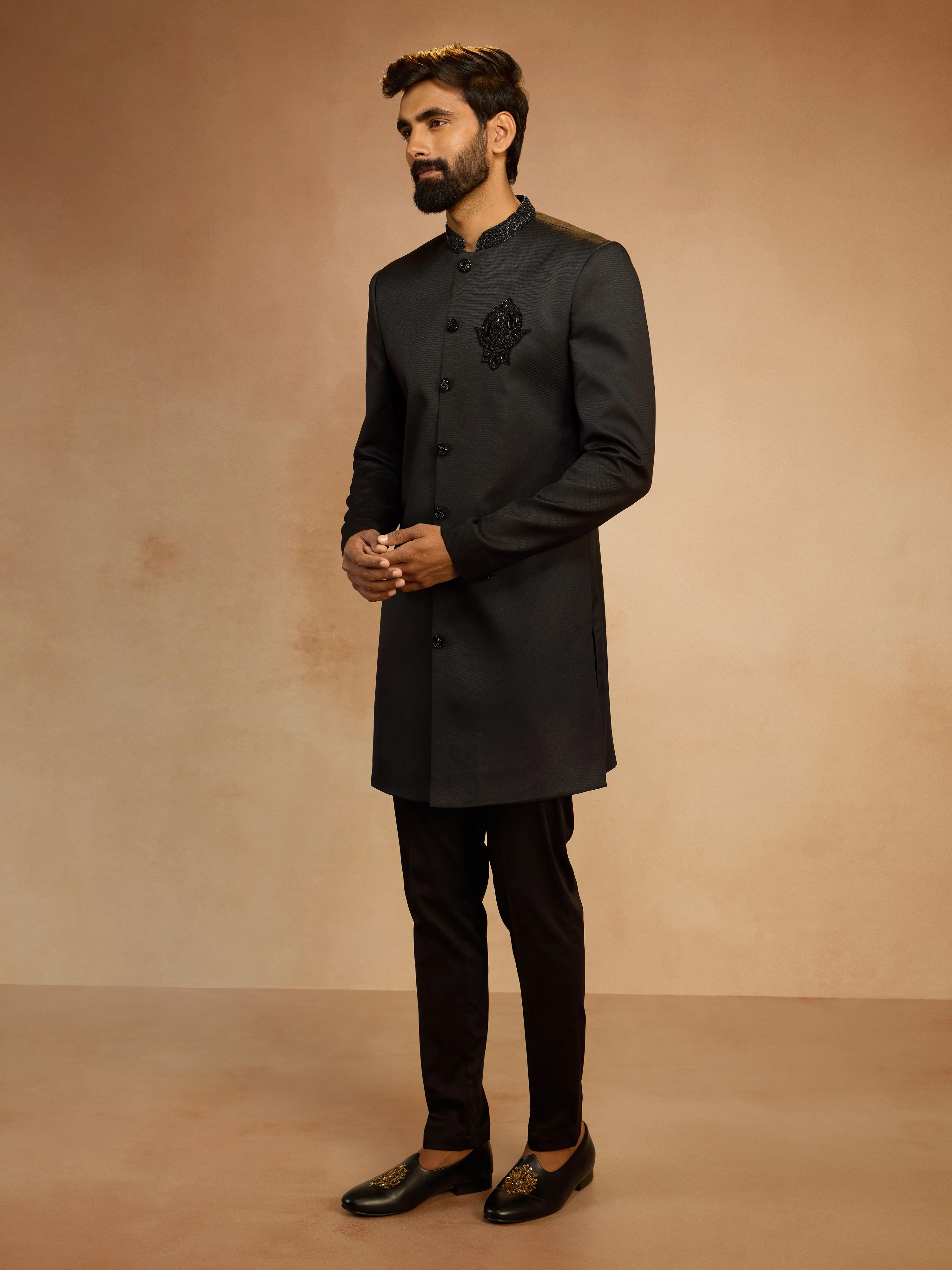 Men's Black Cutdana Sequin Embroidered Indo-Western Kurta with Pant Style Pyjama Set - Image 3