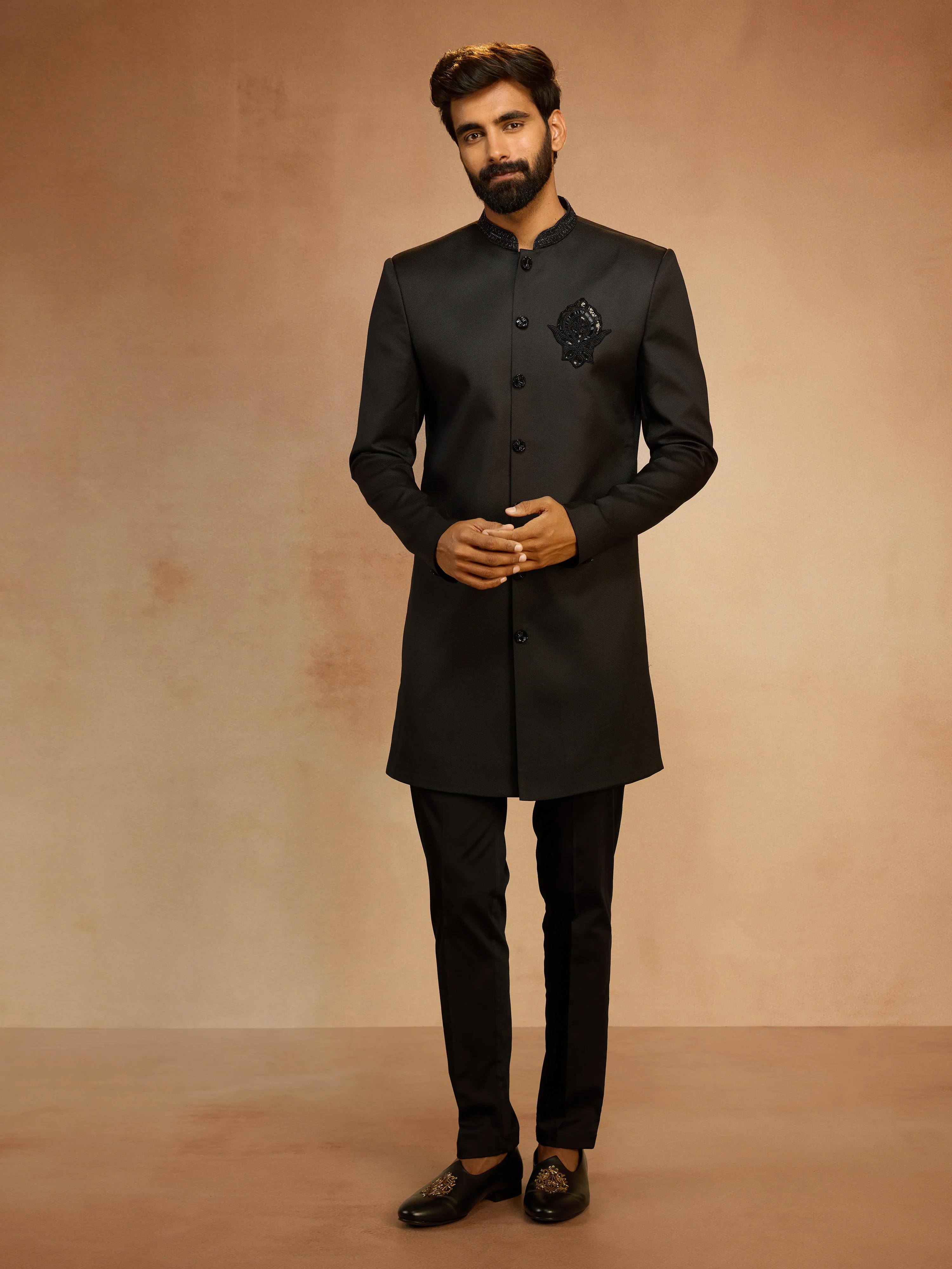 Men's Black Cutdana Sequin Embroidered Indo-Western Kurta with Pant Style Pyjama Set - Image 4