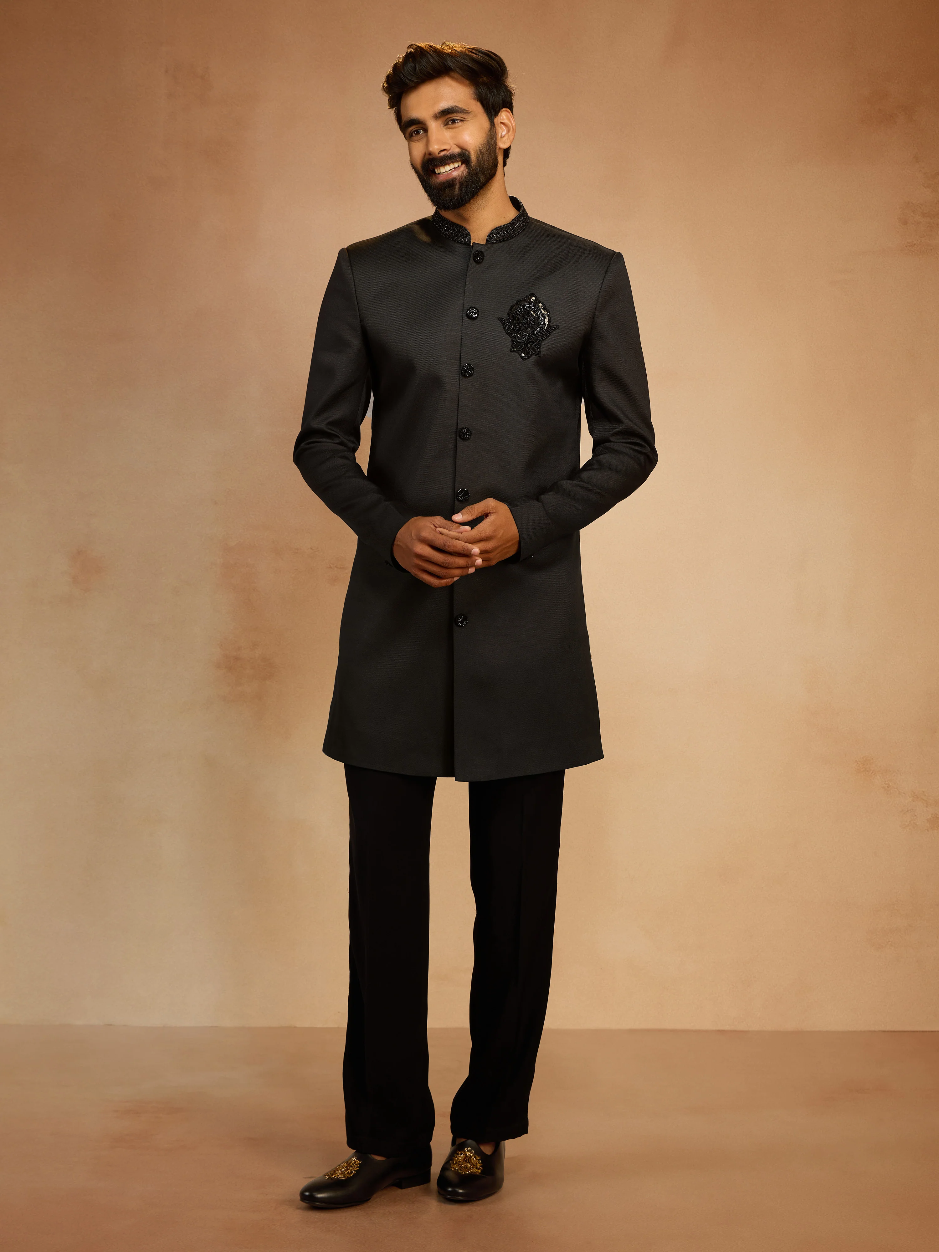 Men's Black Cutdana Sequin Embroidered Indo-Western Kurta with Straight Pant Set - Image 3