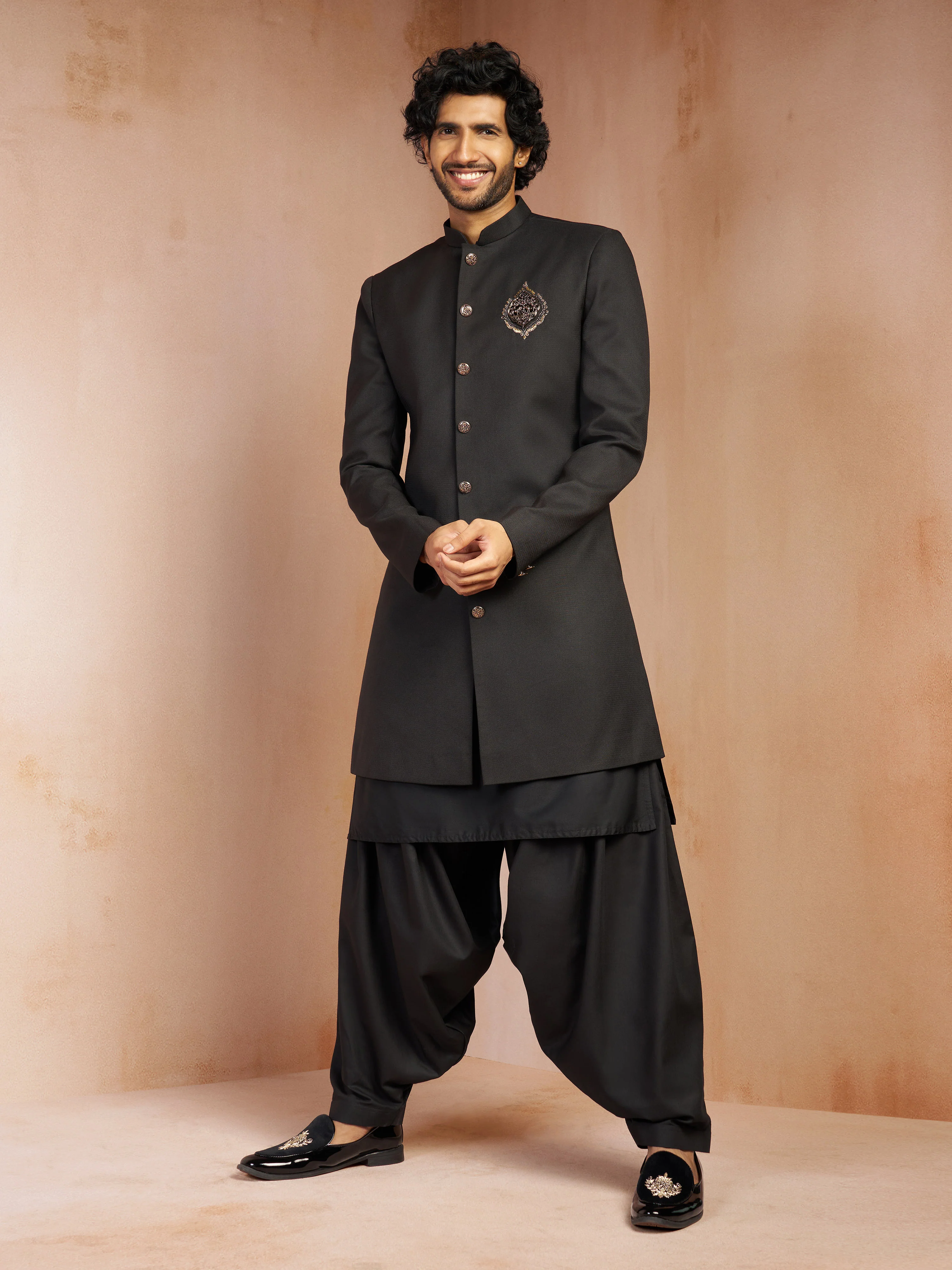 Men's Black Cutdana Sequin Embroidery Indo-Western with Black Silk Blend Kurta & Black Viscose Patiala Set