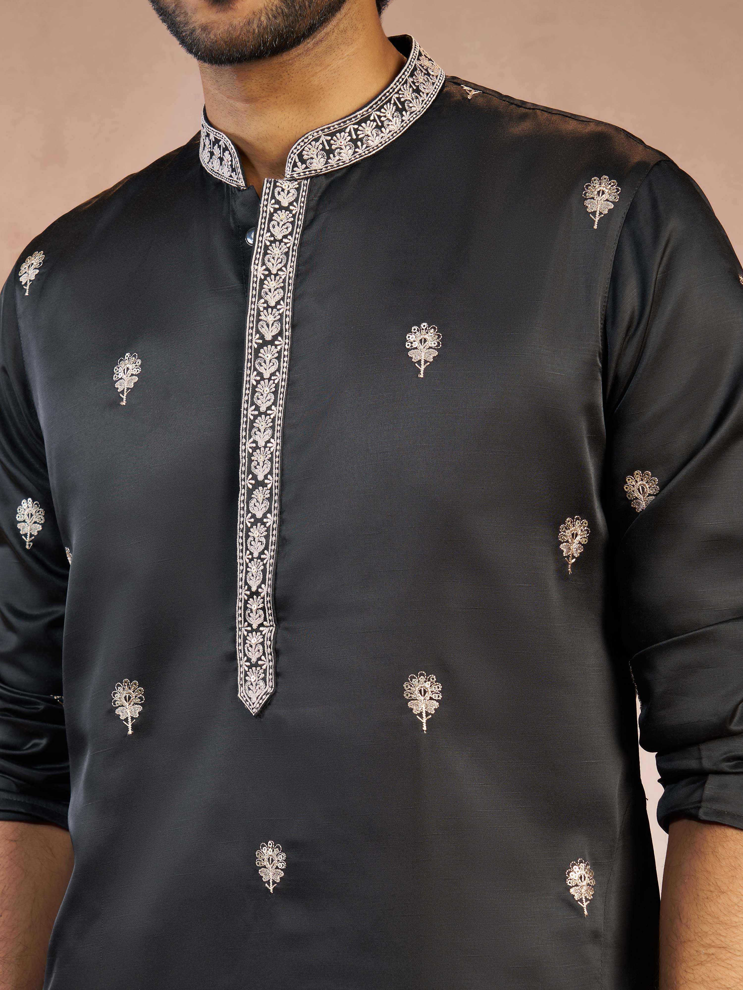 Men's Black Floral Sequin & Thread Embroidered Silk Blend Kurta with Fine Satin Pyjama Set - Image 2
