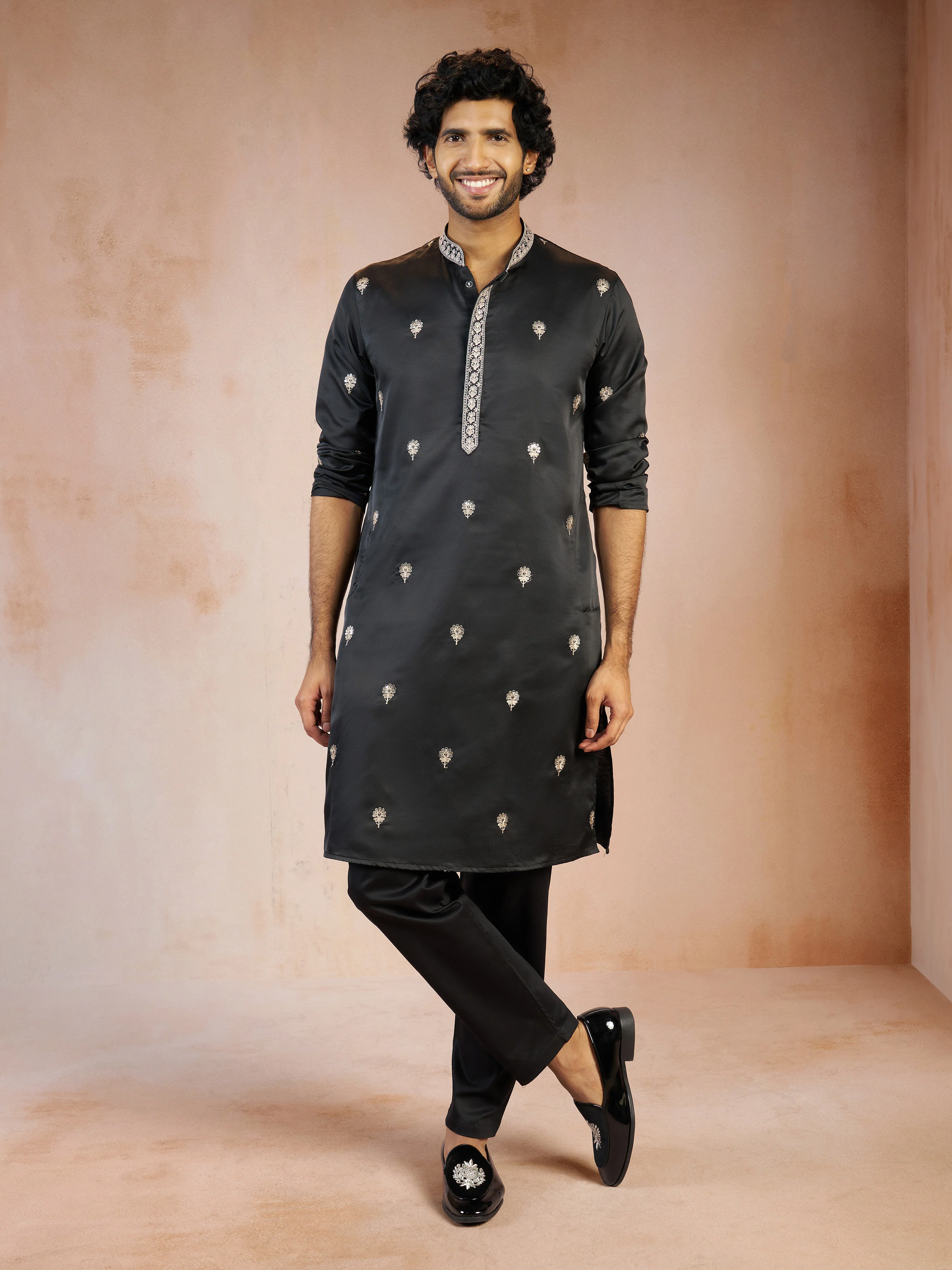 Men's Black Floral Sequin & Thread Embroidered Silk Blend Kurta with Fine Satin Pyjama Set - Image 4