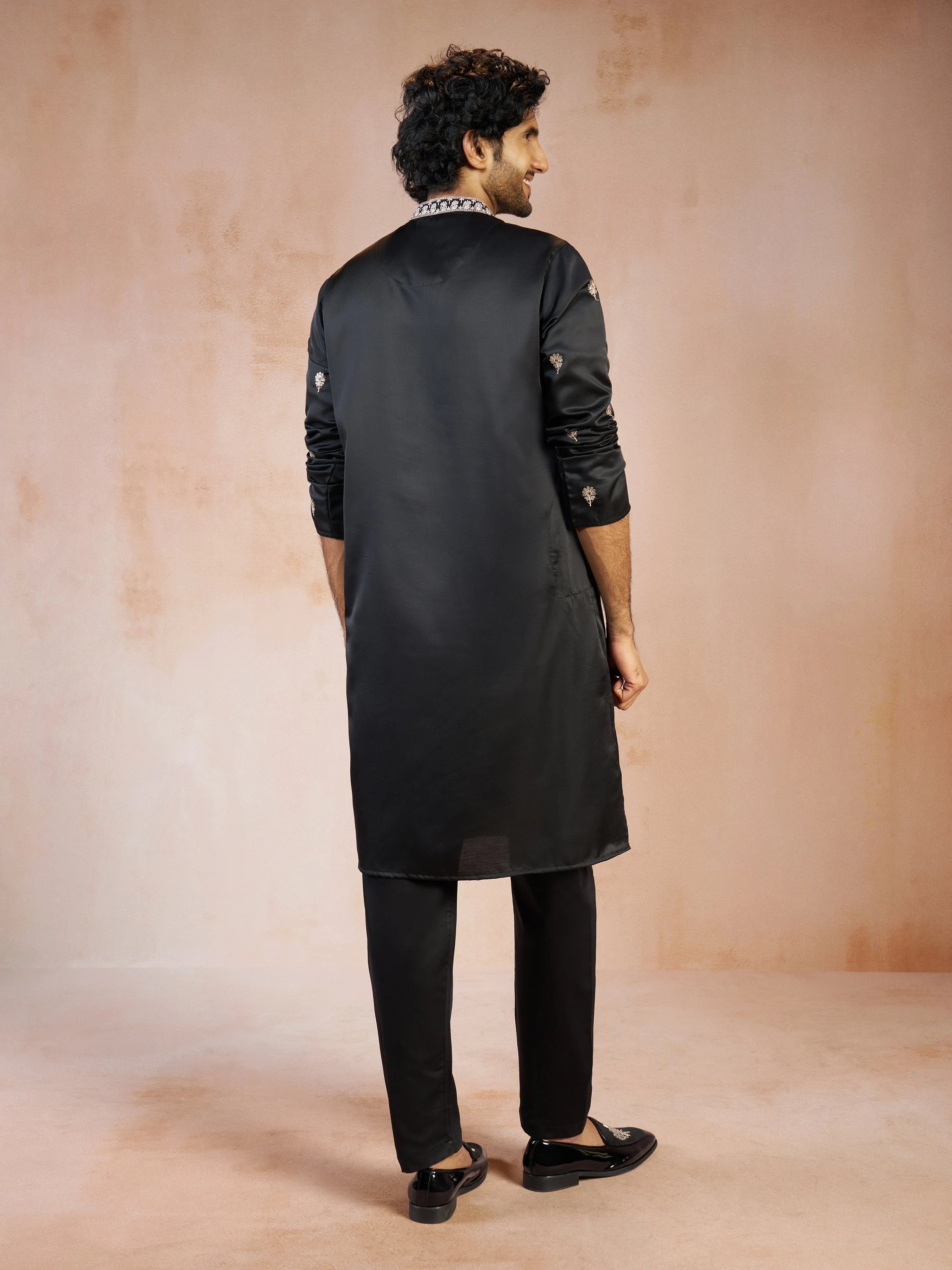 Men's Black Floral Sequin & Thread Embroidered Silk Blend Kurta with Fine Satin Pyjama Set - Image 5