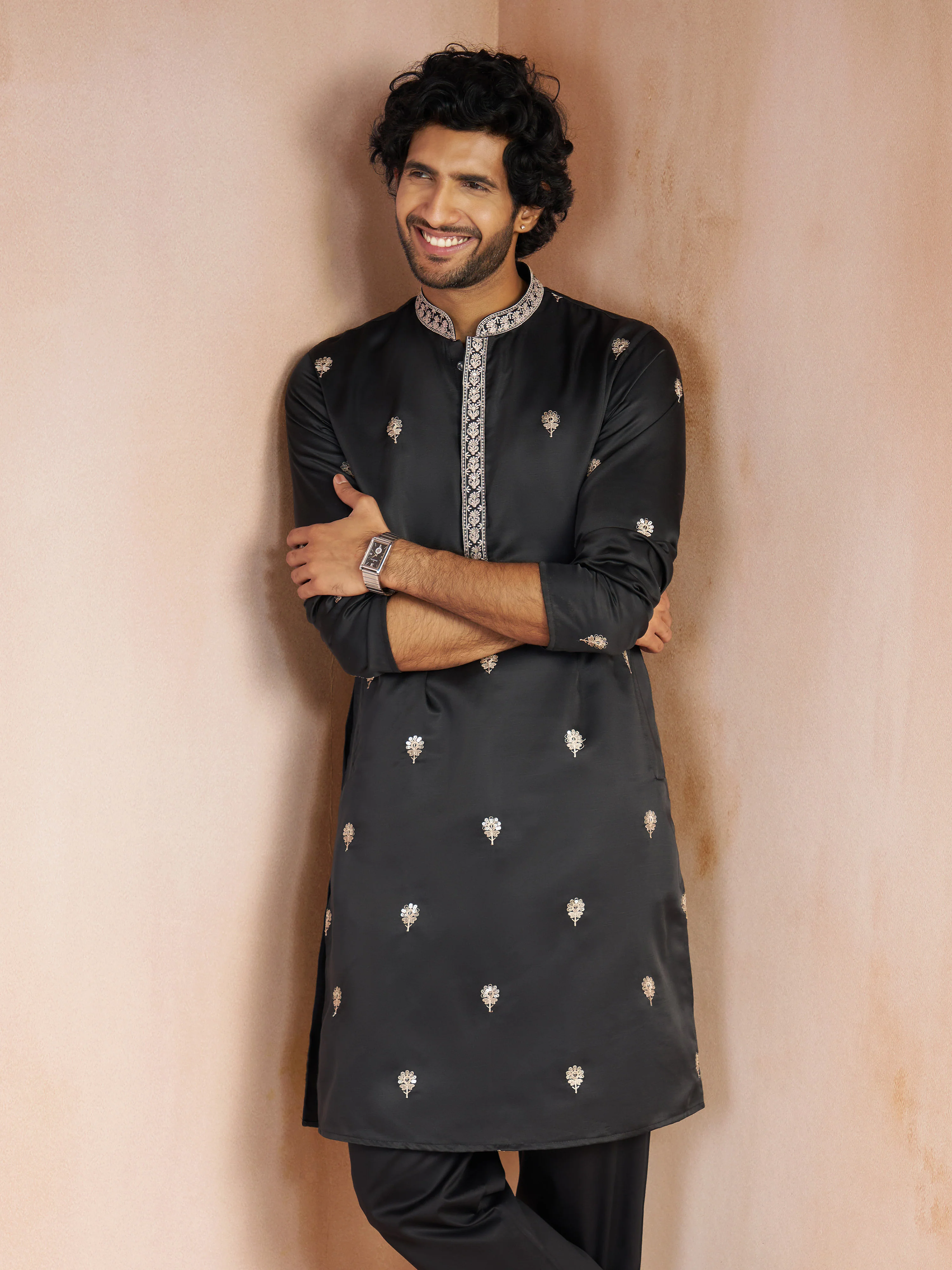 Men's Black Floral Sequin & Thread Embroidered Silk Blend Long Kurta with Crepe Lining