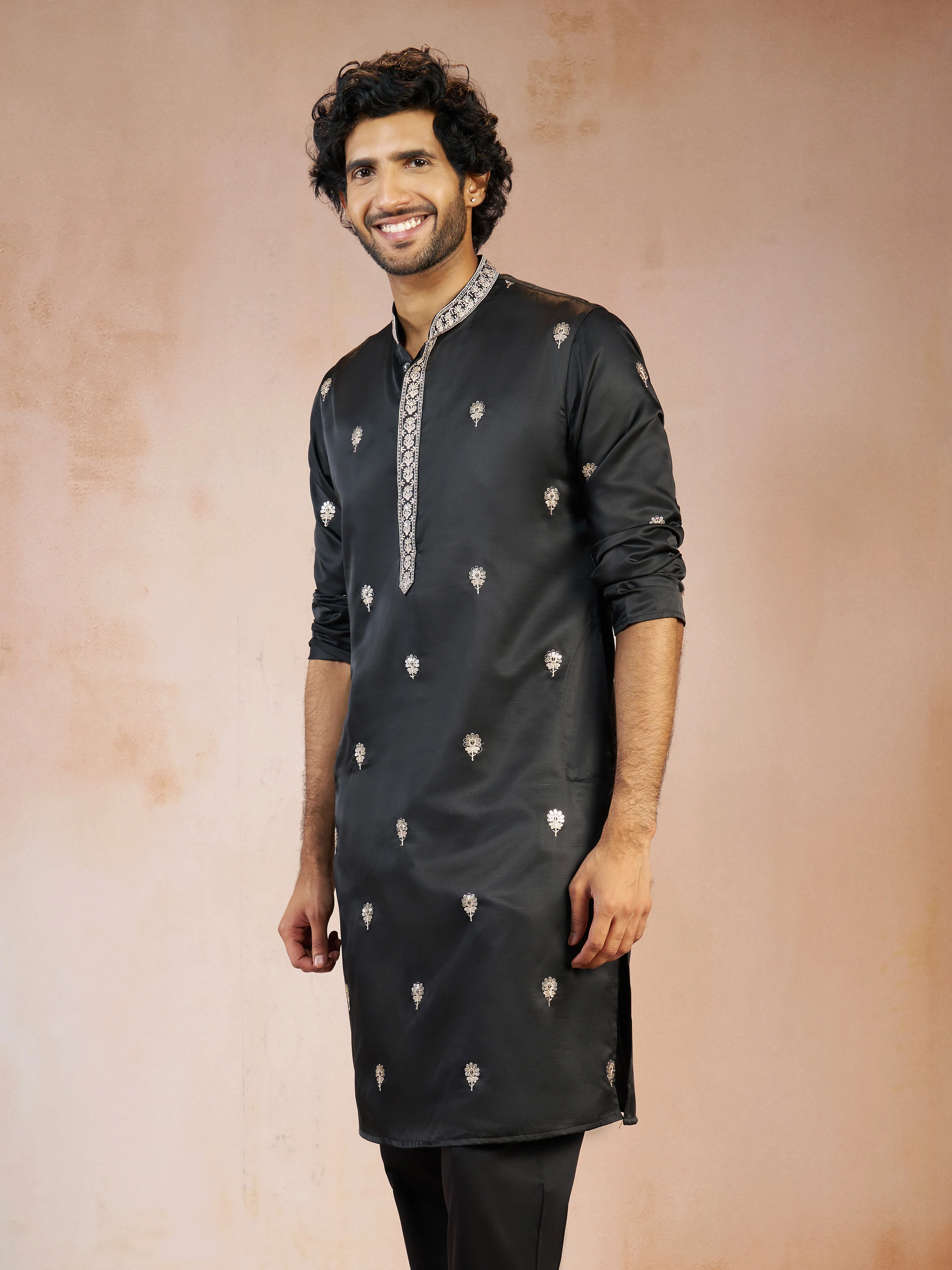 Men's Black Floral Sequin & Thread Embroidered Silk Blend Long Kurta with Crepe Lining - Image 3