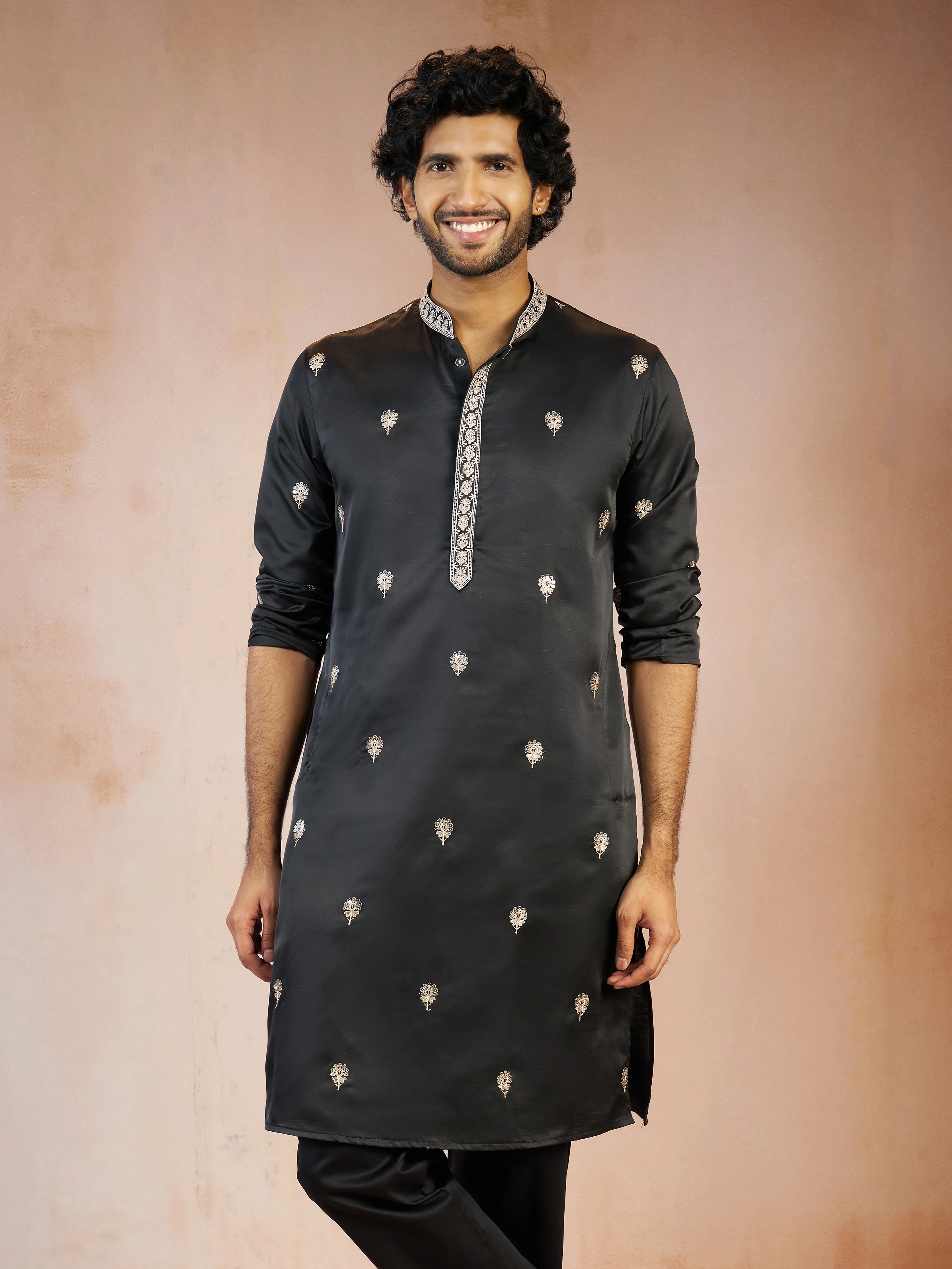 Men's Black Floral Sequin & Thread Embroidered Silk Blend Long Kurta with Crepe Lining - Image 4