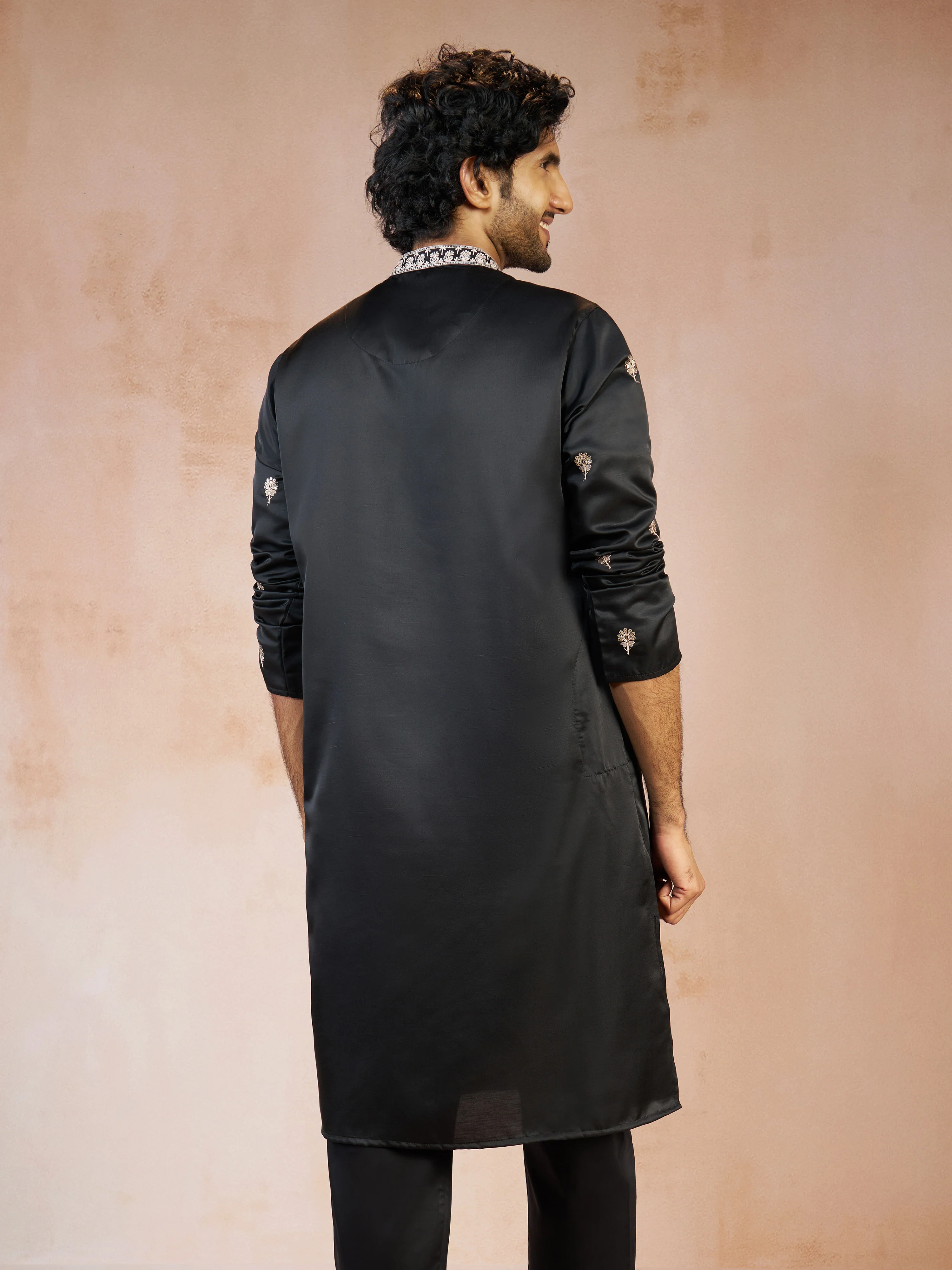 Men's Black Floral Sequin & Thread Embroidered Silk Blend Long Kurta with Crepe Lining - Image 5