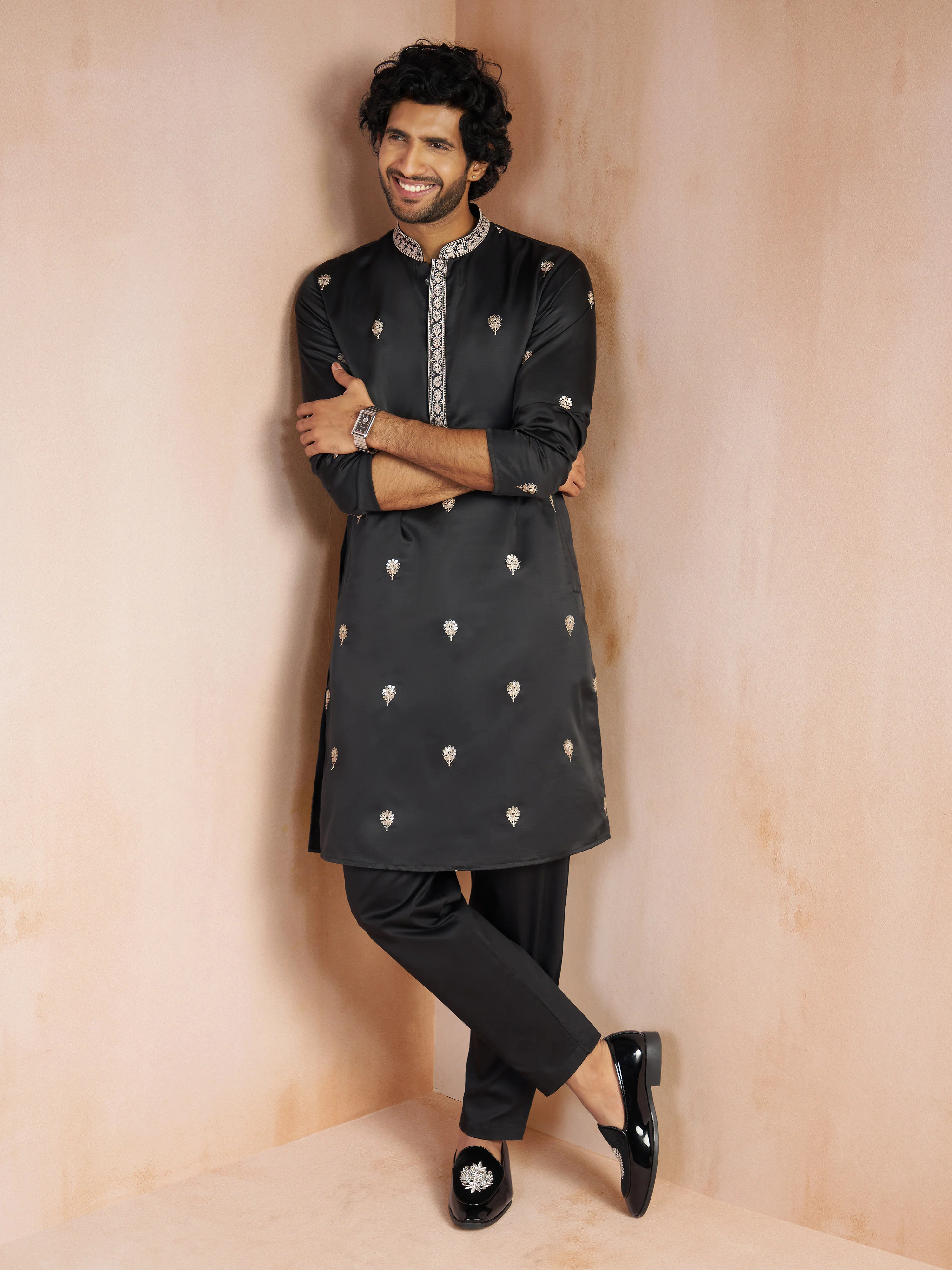 Men's Black Floral Sequin & Thread Embroidered Silk Blend Long Kurta with Crepe Lining - Image 6