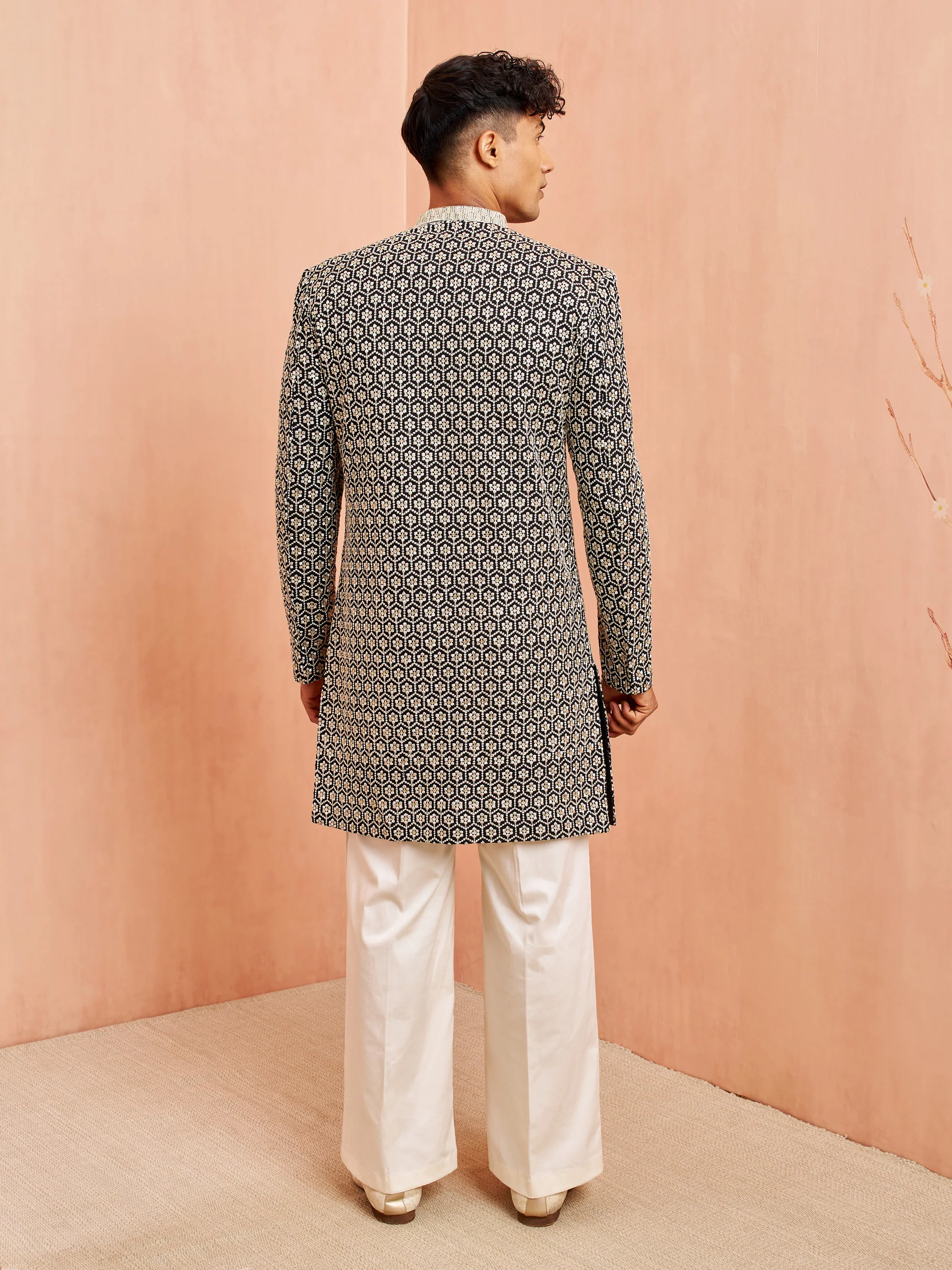 Men's Black Indo-Western with Cream Pant Set - Image 5