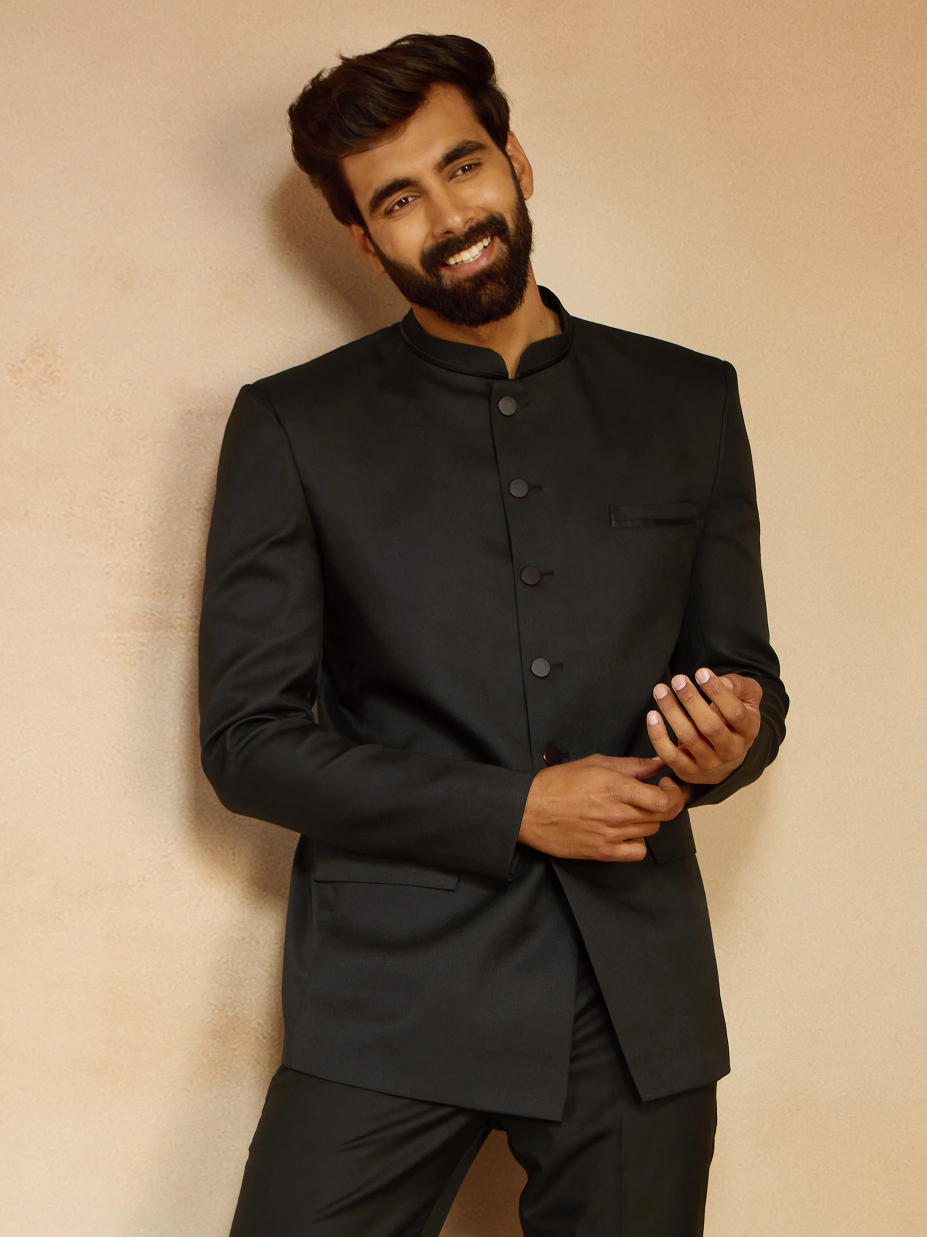 Men's Black Jute Solid Slim Fit Full Sleeve Jodhpuri