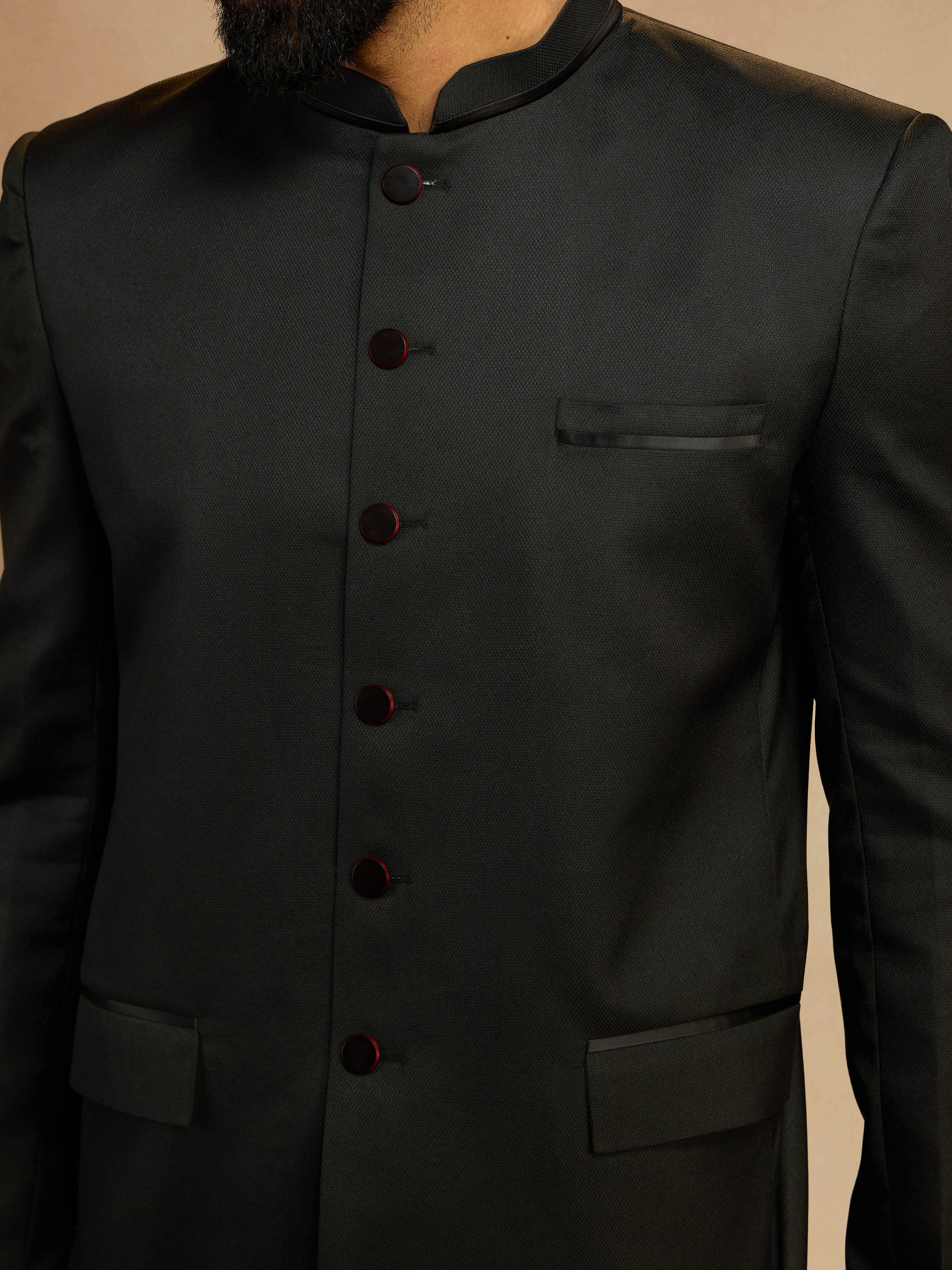 Men's Black Jute Solid Slim Fit Full Sleeve Jodhpuri - Image 2