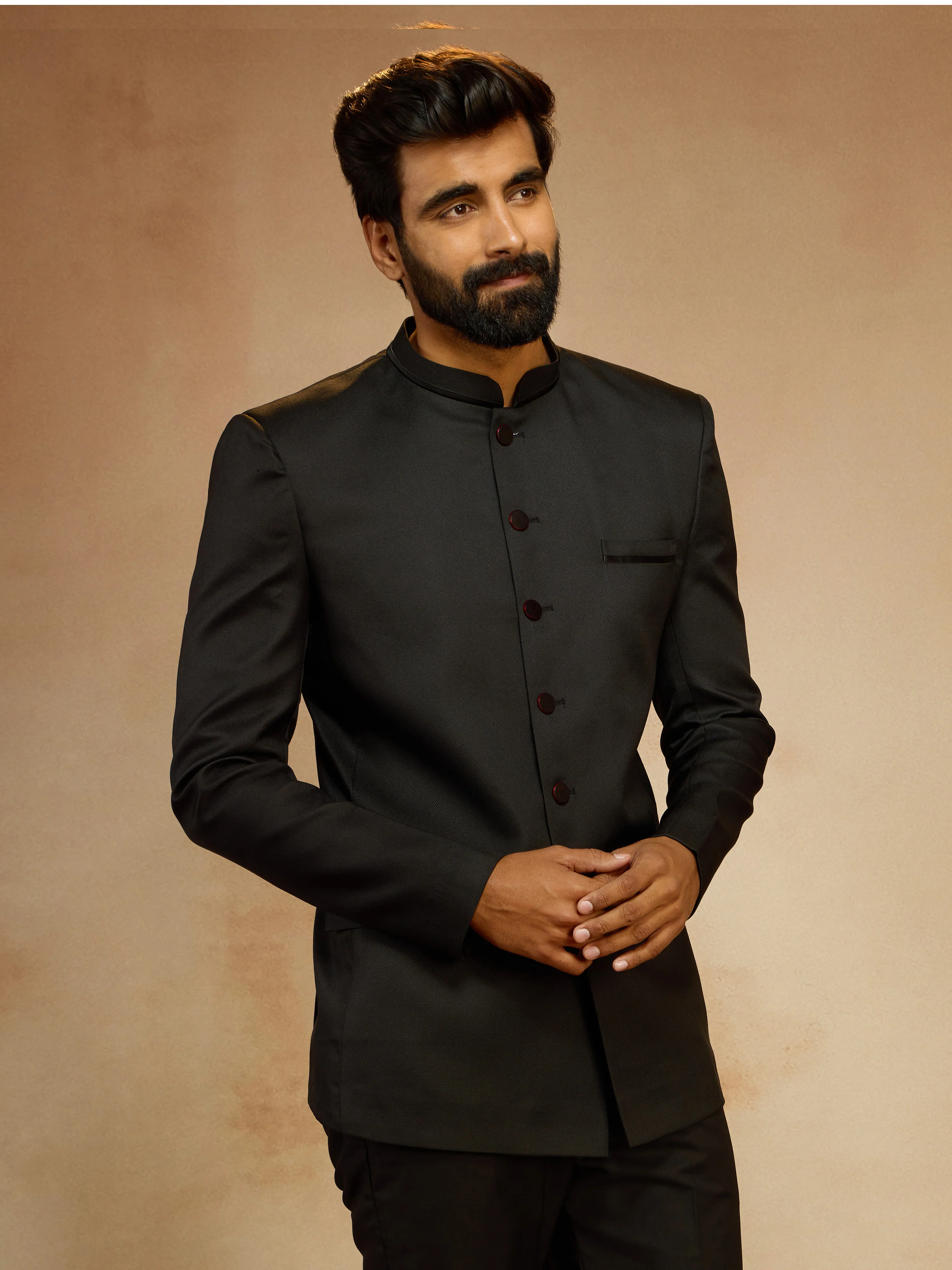 Men's Black Jute Solid Slim Fit Full Sleeve Jodhpuri - Image 3