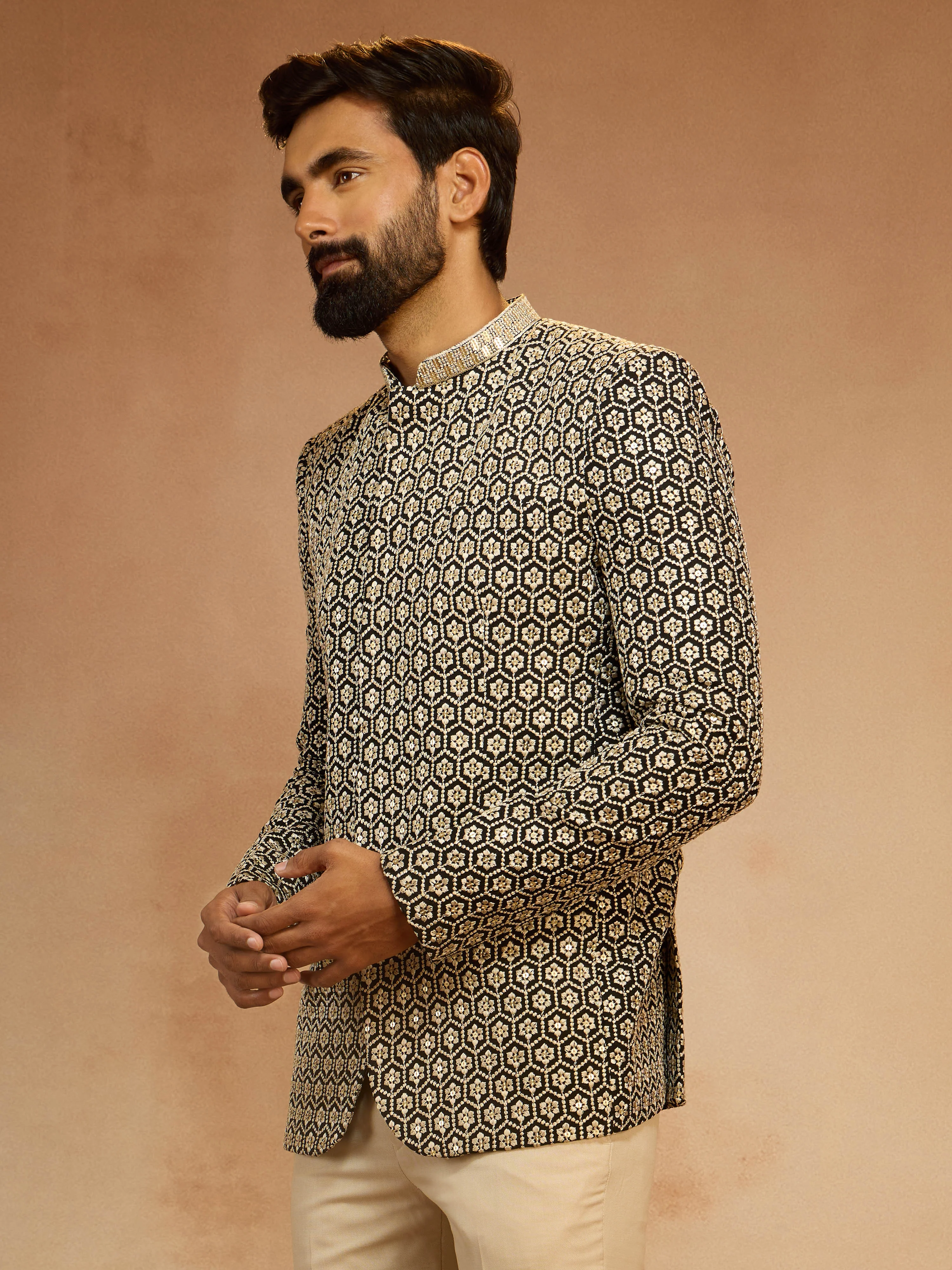 Men's Black Sequin Embroidered Jodhpuri Jacket - Image 3