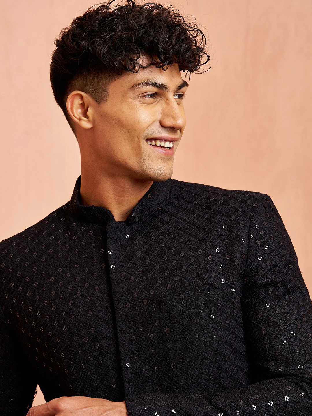 Men's Black Sequin Embroidered Rayon Sherwani with Fine Satin Pyjama Set - Image 2