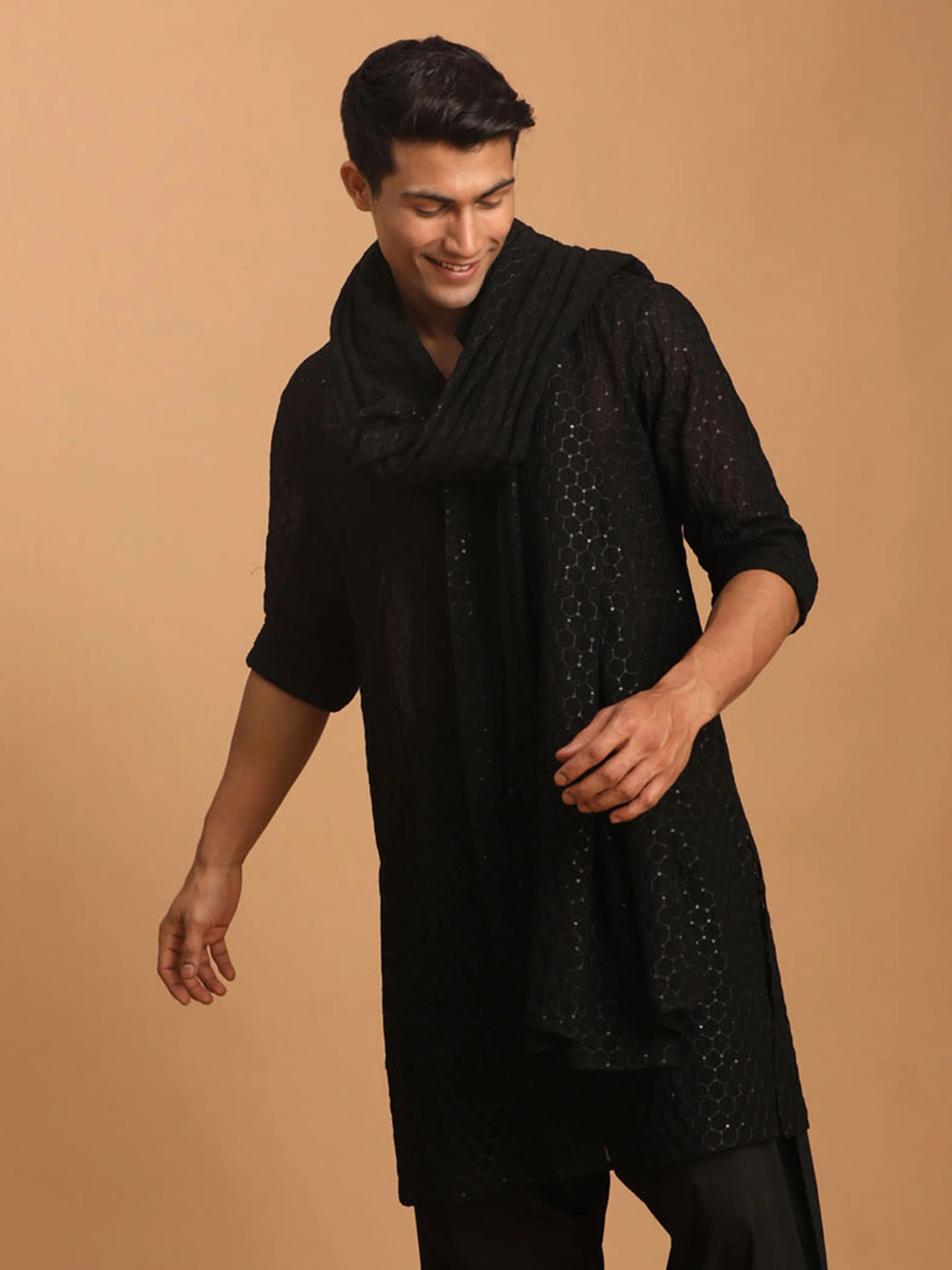 Men's Black Sequin Embroidery Georgette Kurta with Sequin Dupatta Set - Image 3