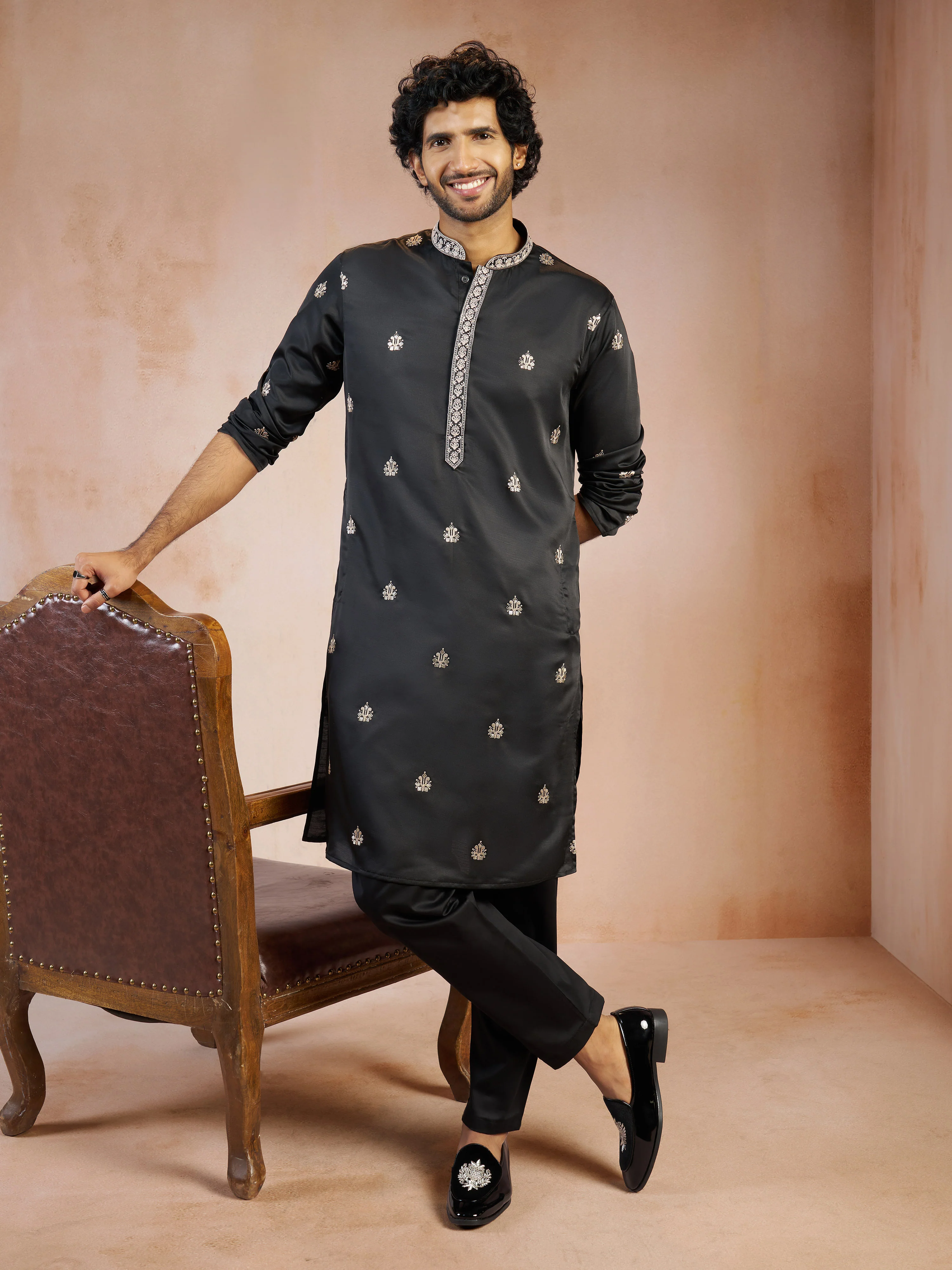 Men's Black Sequin & Thread Embroidered Silk Blend Kurta with Fine Satin Pyjama Set