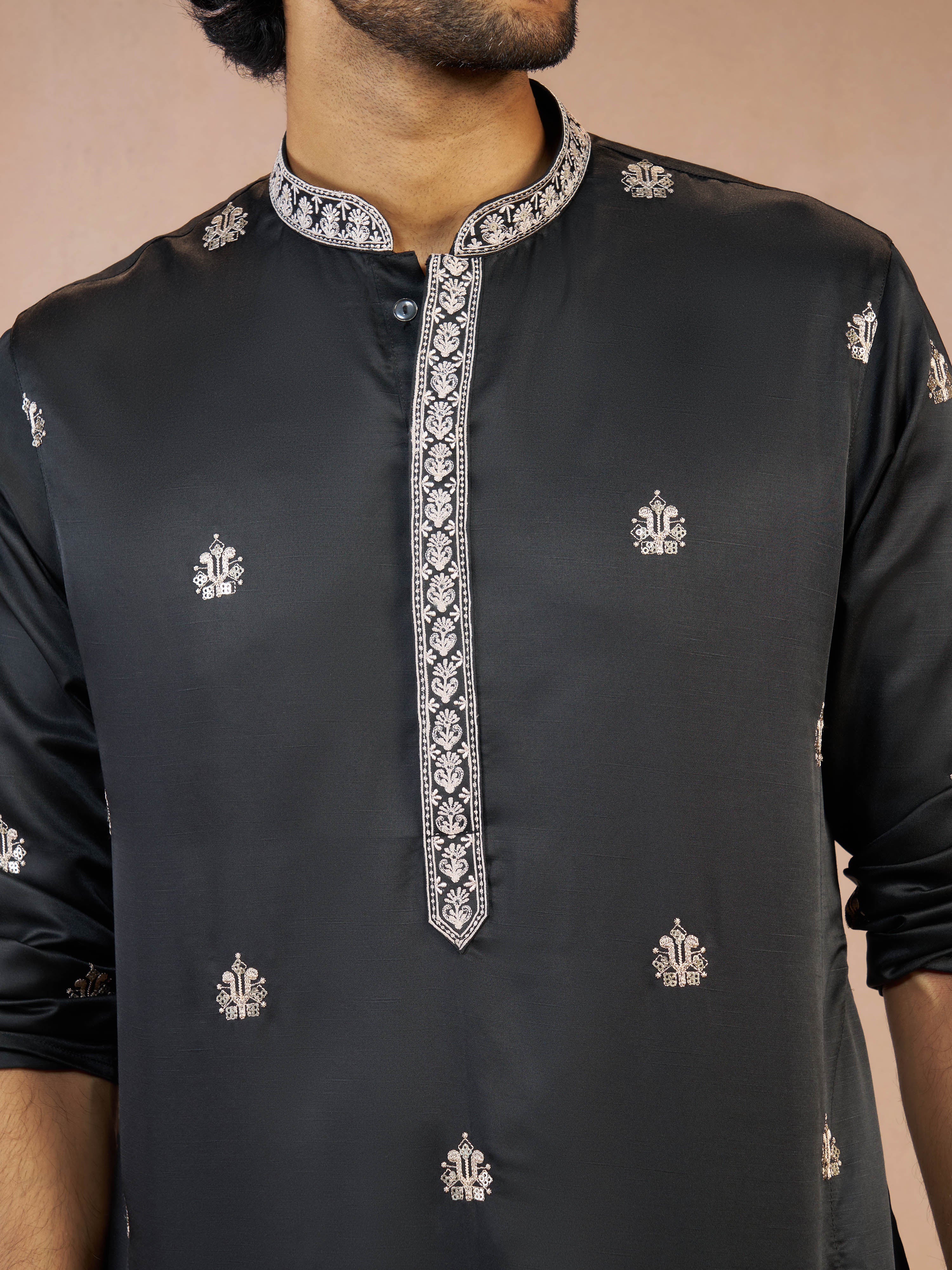 Men's Black Sequin & Thread Embroidered Silk Blend Kurta with Fine Satin Pyjama Set - Image 2