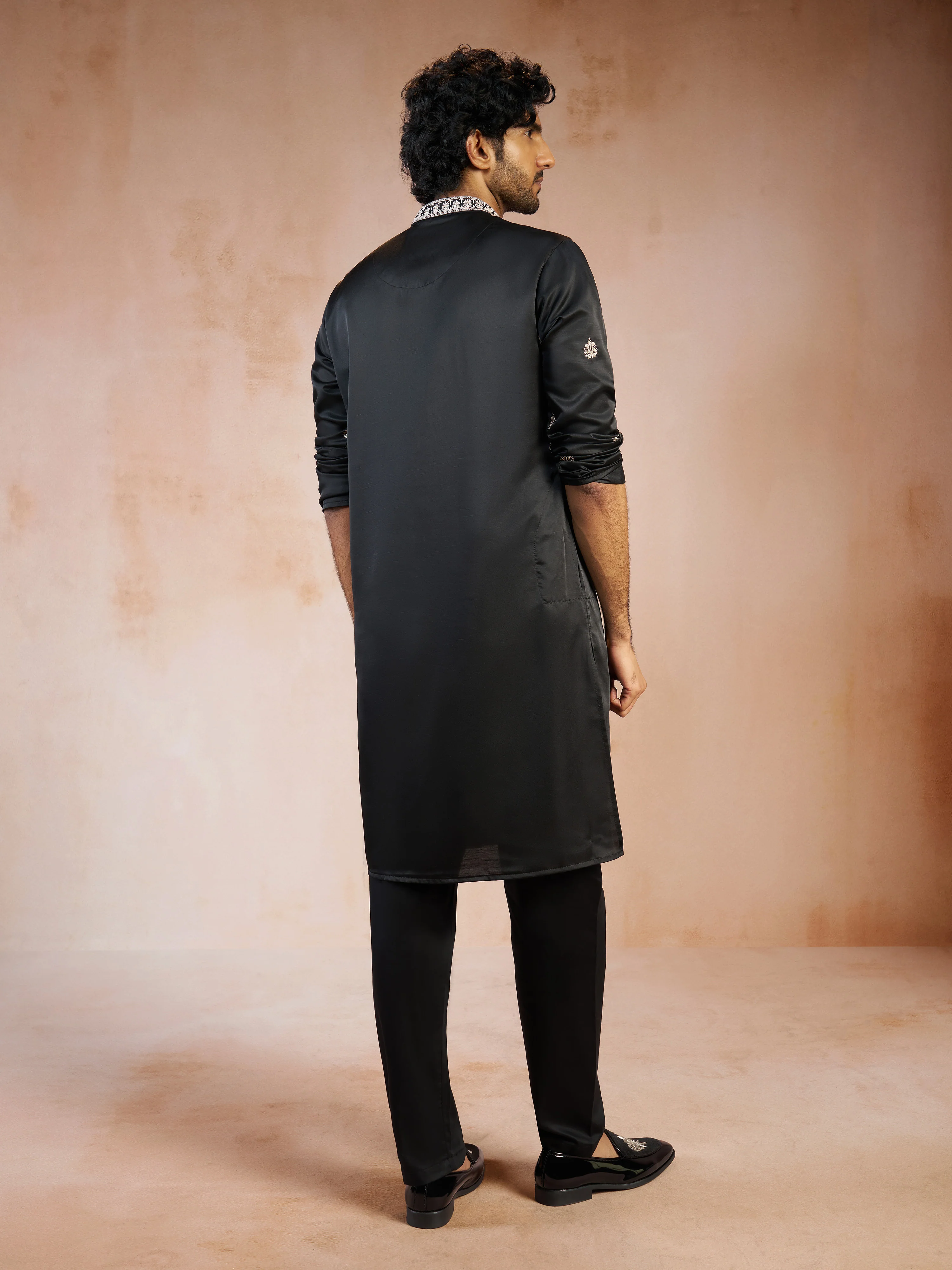 Men's Black Sequin & Thread Embroidered Silk Blend Kurta with Fine Satin Pyjama Set - Image 5