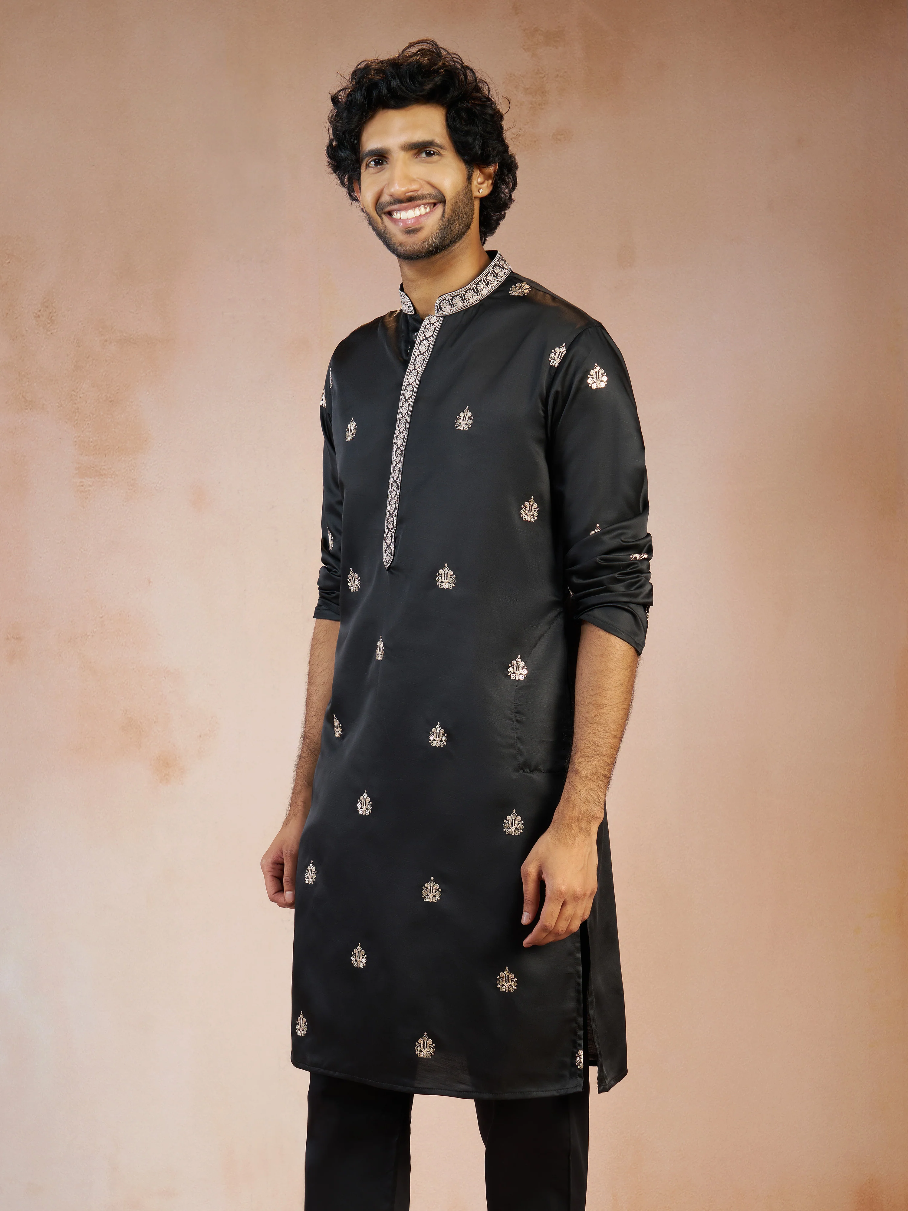 Men's Black Sequin & Thread Embroidered Silk Blend Long Kurta with Crepe Lining - Image 3