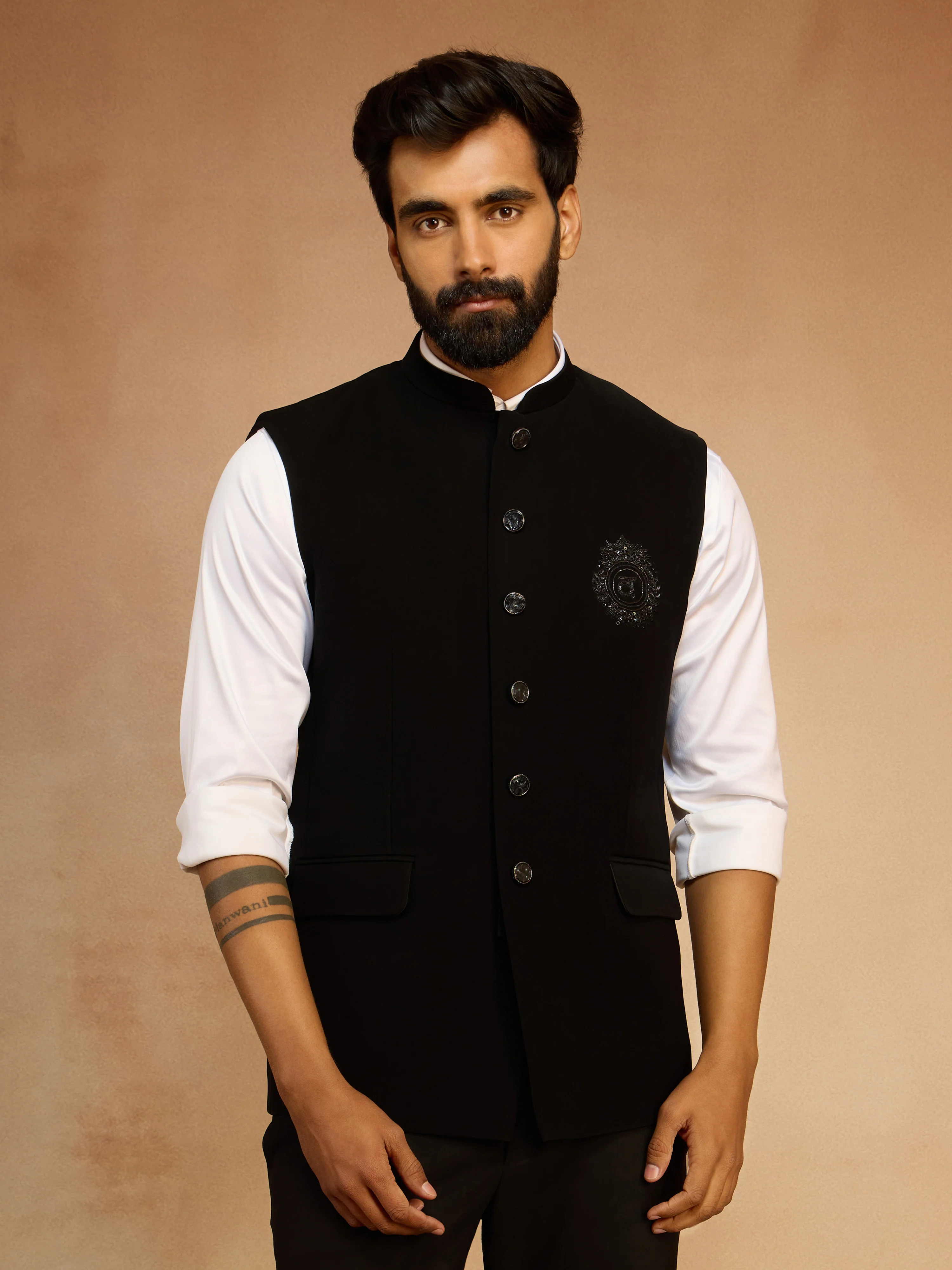 Men's Black Silk Bead Embroidered Nehru Jacket - Image 3