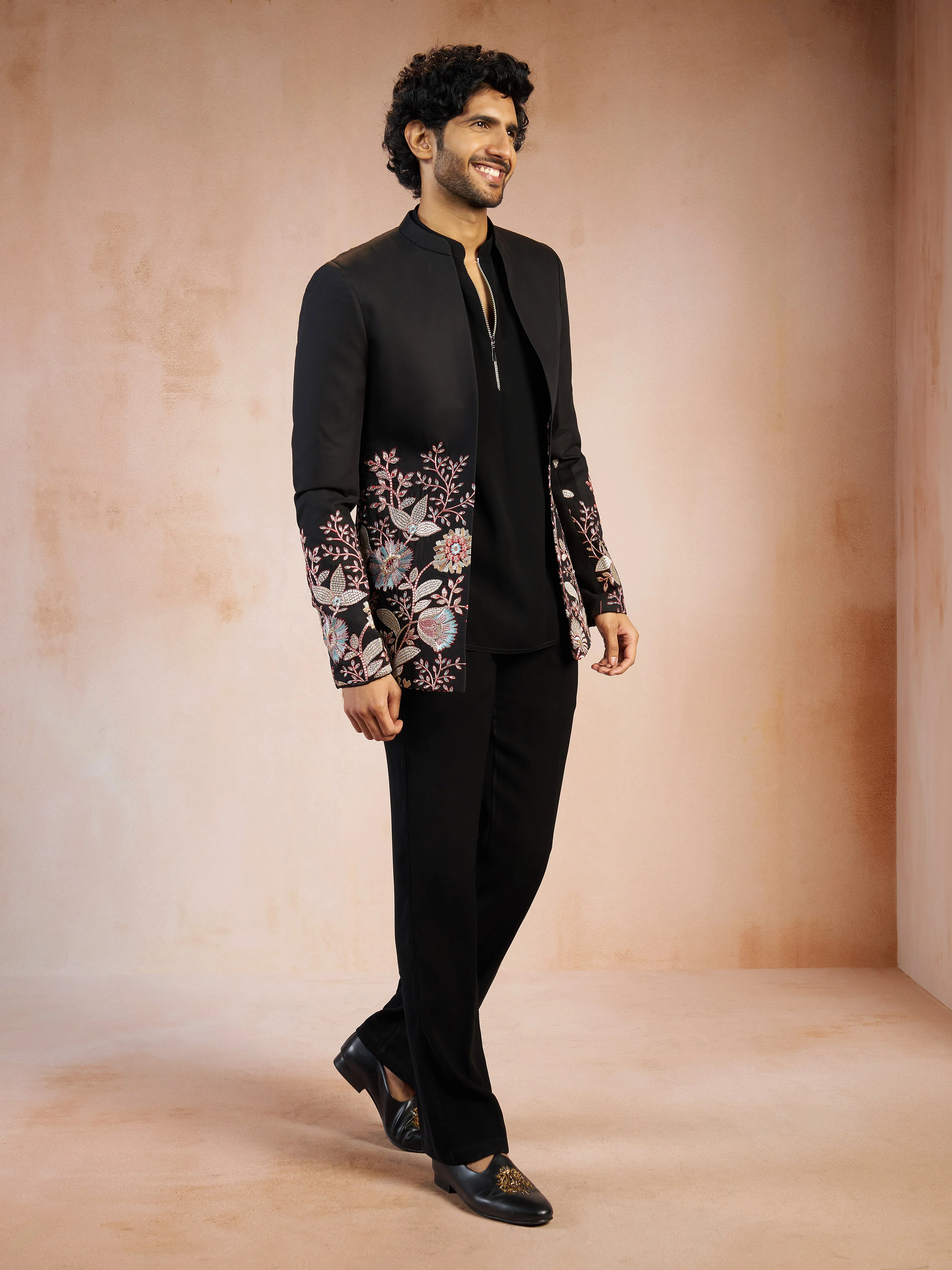 Men's Black Silk Blend Floral Thread Embroidered Front-Open Jodhpuri with Imported Suiting Lycra Straight Pant Set - Image 4
