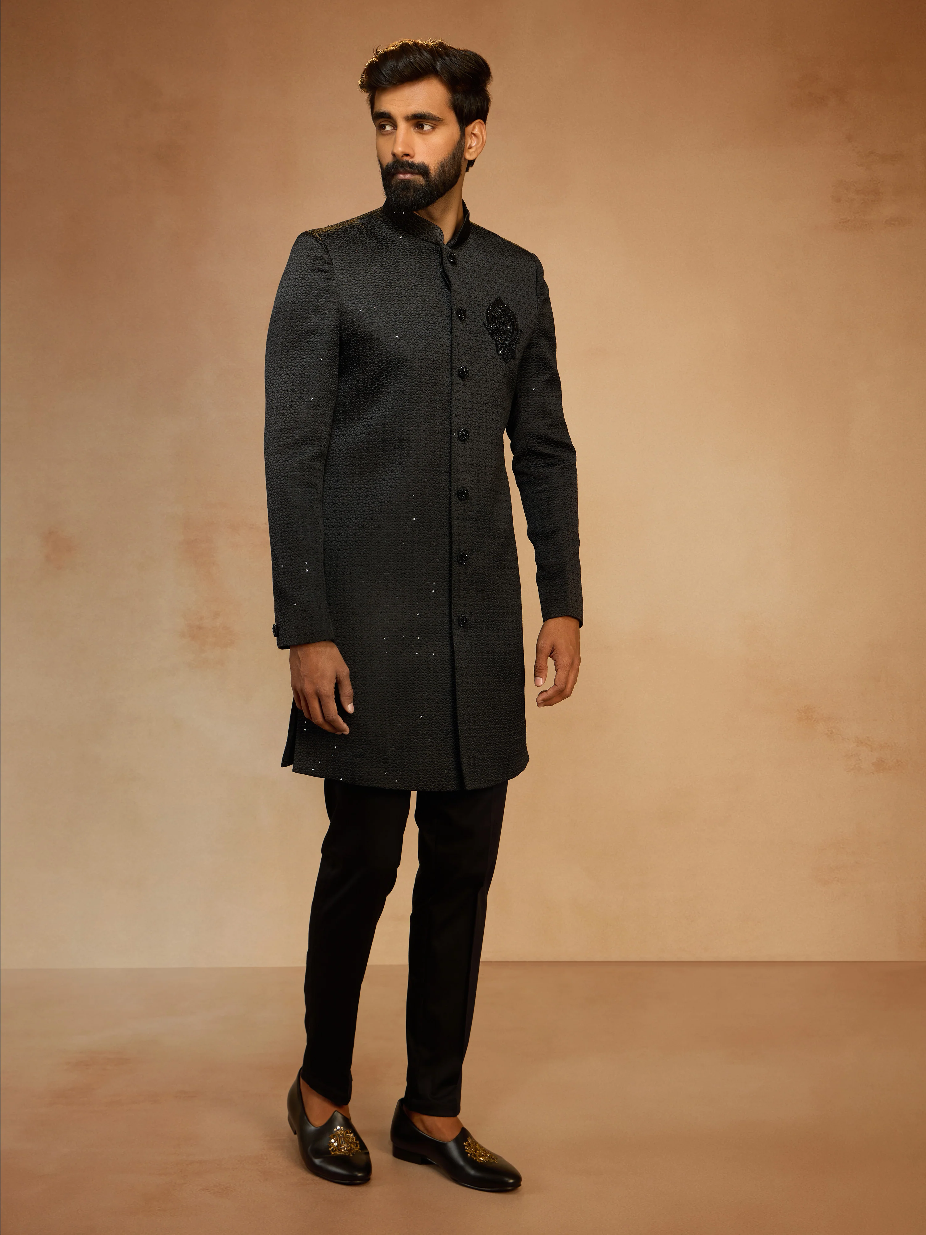 Men's Black Silk Sequin Embroidered Sherwani Kurta with Pant Style Pyjama Set - Image 4