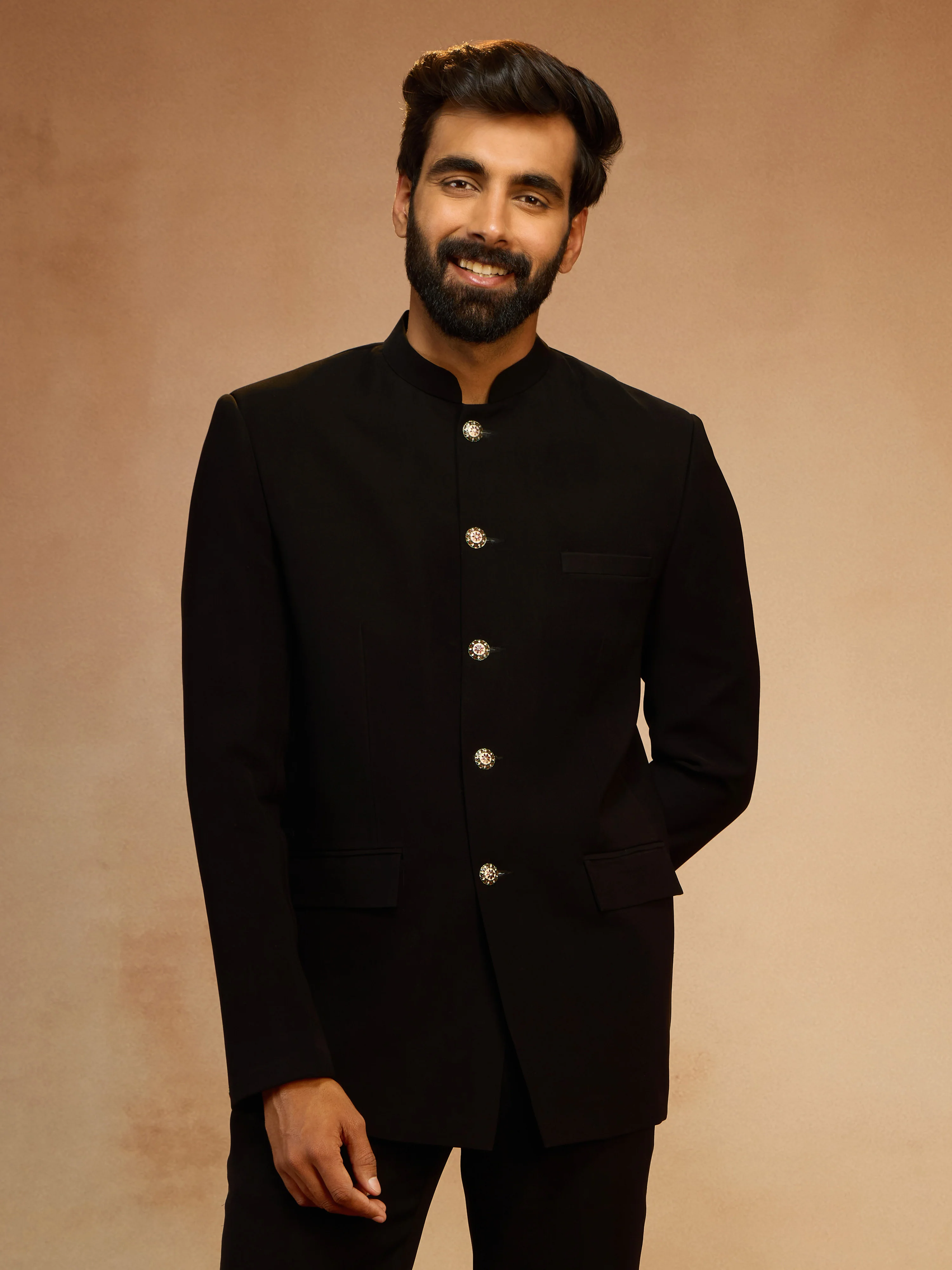 Men's Black Solid Imported Suiting Jodhpuri Suit - Image 3