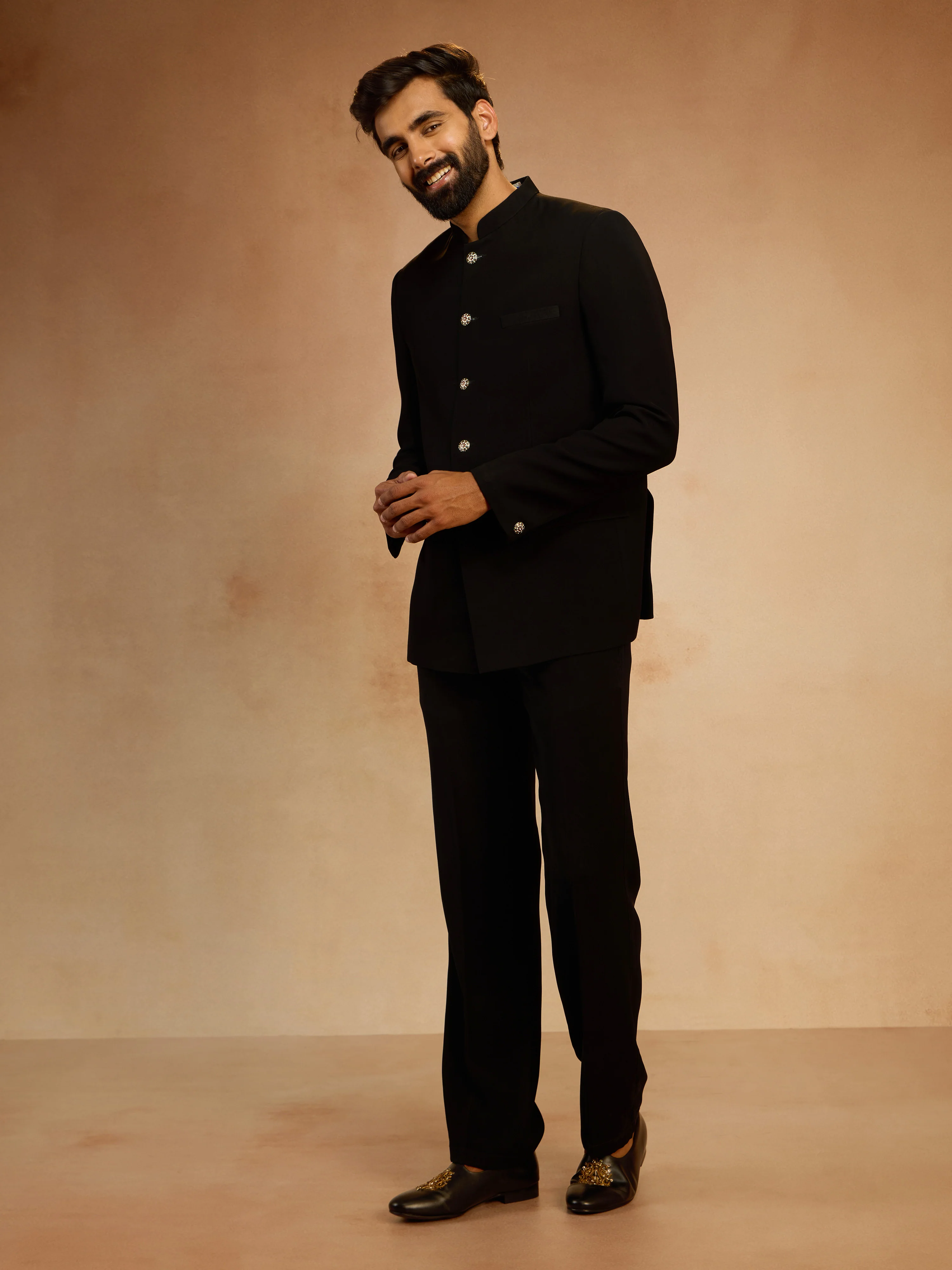 Men's Black Solid Imported Suiting Jodhpuri with Straight Pant Set - Image 4