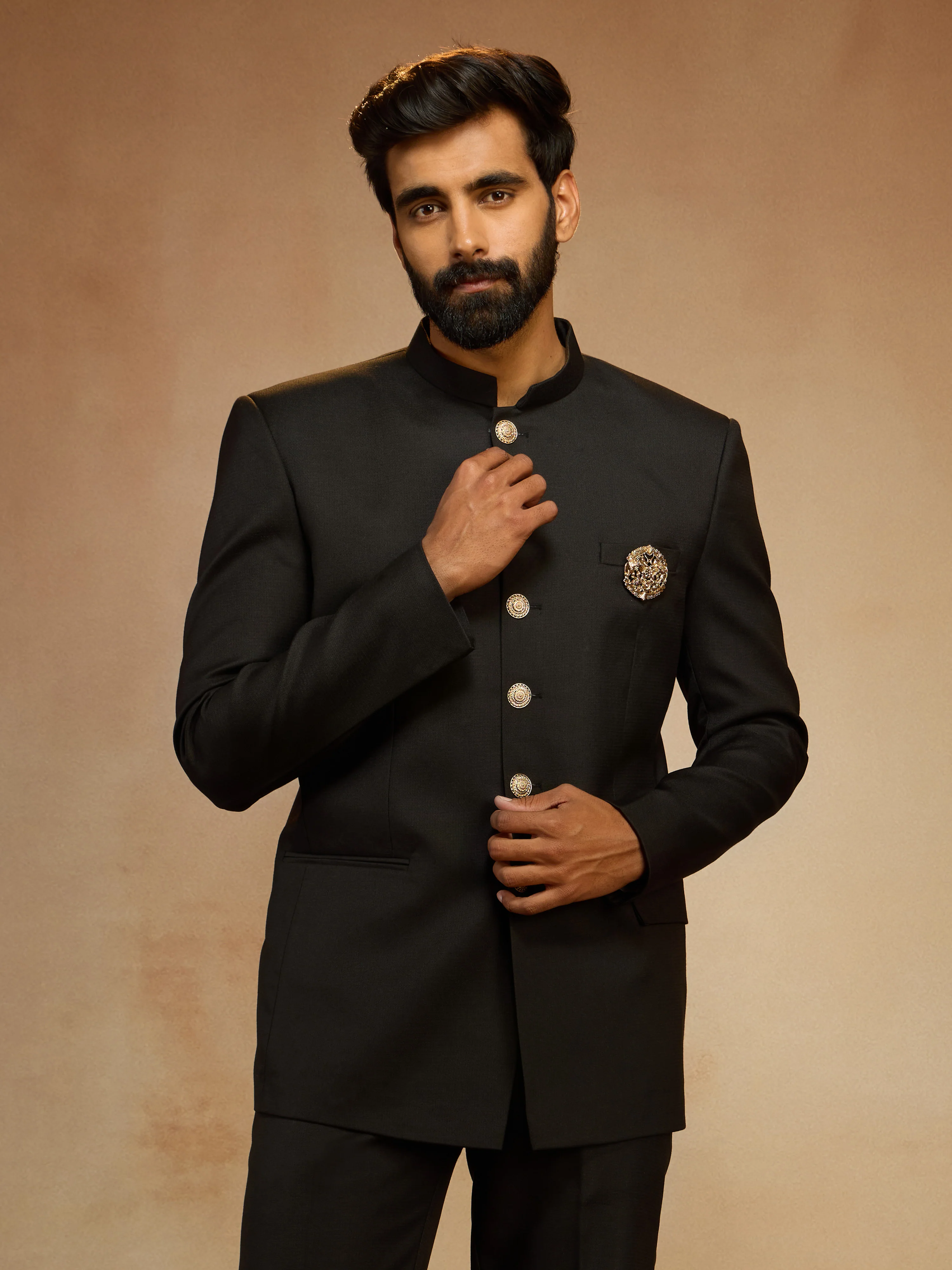 Men's Black Solid Jodhpuri Suit with Brooch Detail in Imported Suiting Lycra