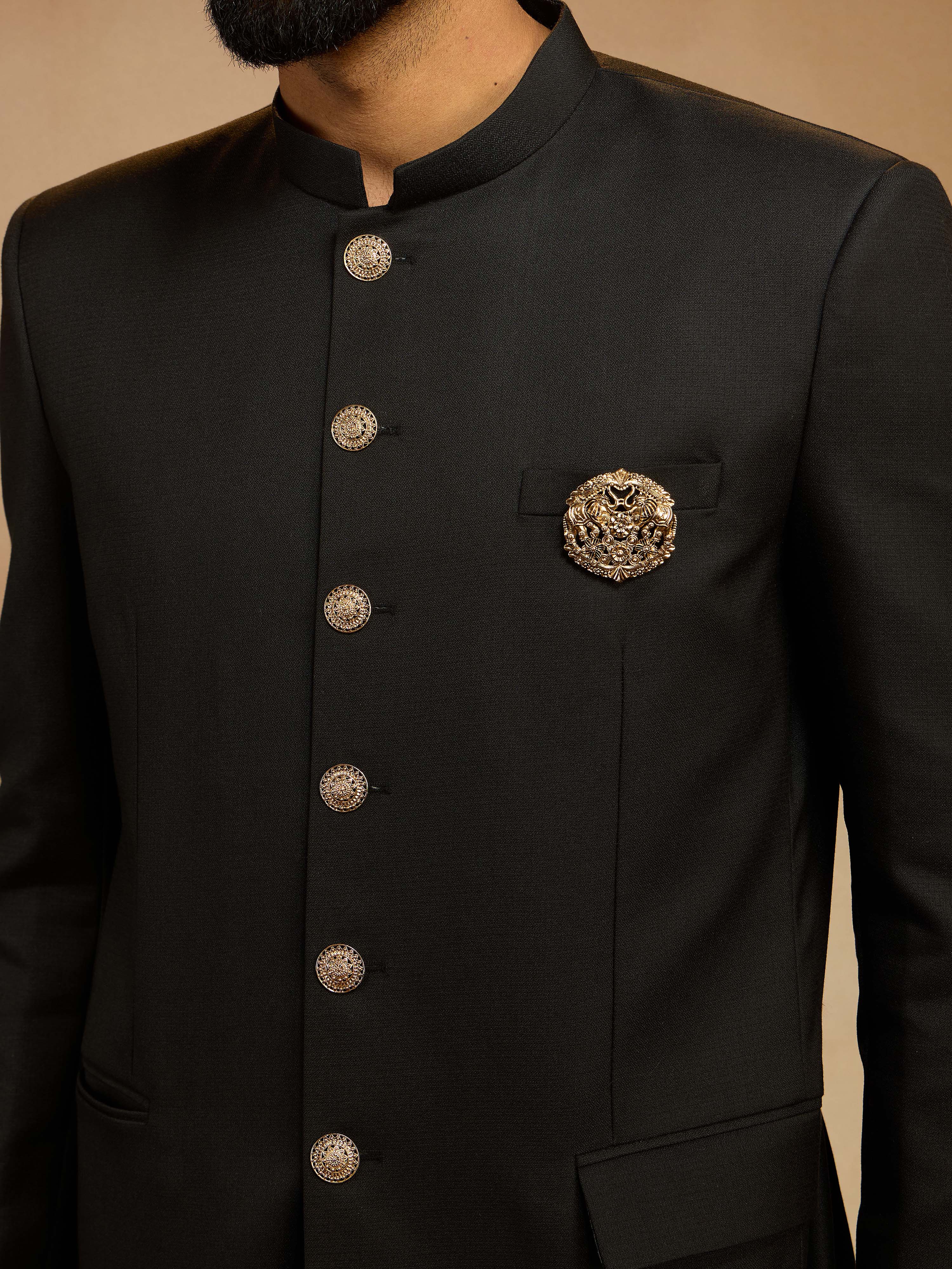 Men's Black Solid Jodhpuri Suit with Brooch Detail in Imported Suiting Lycra - Image 2