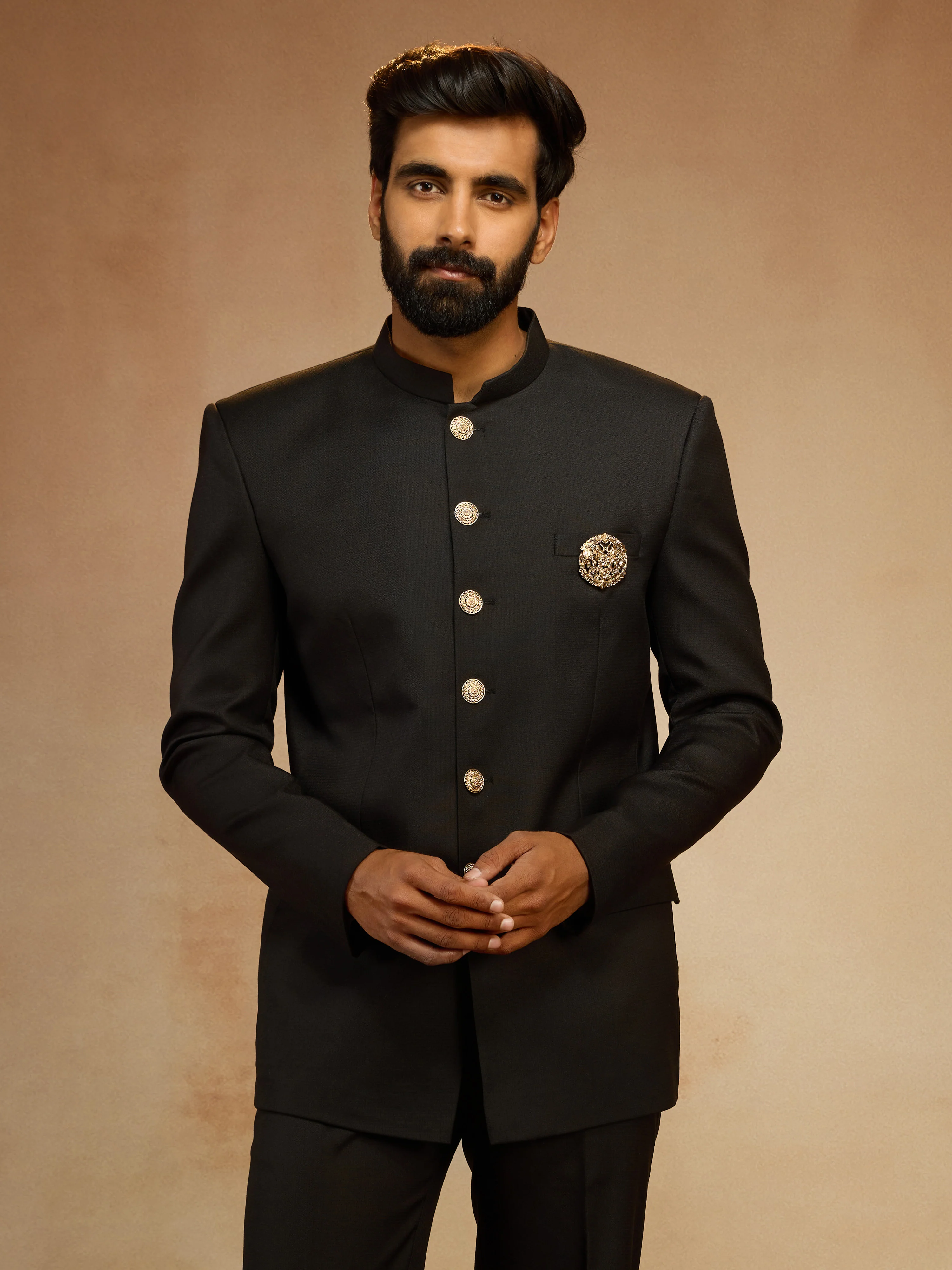 Men's Black Solid Jodhpuri Suit with Brooch Detail in Imported Suiting Lycra - Image 3