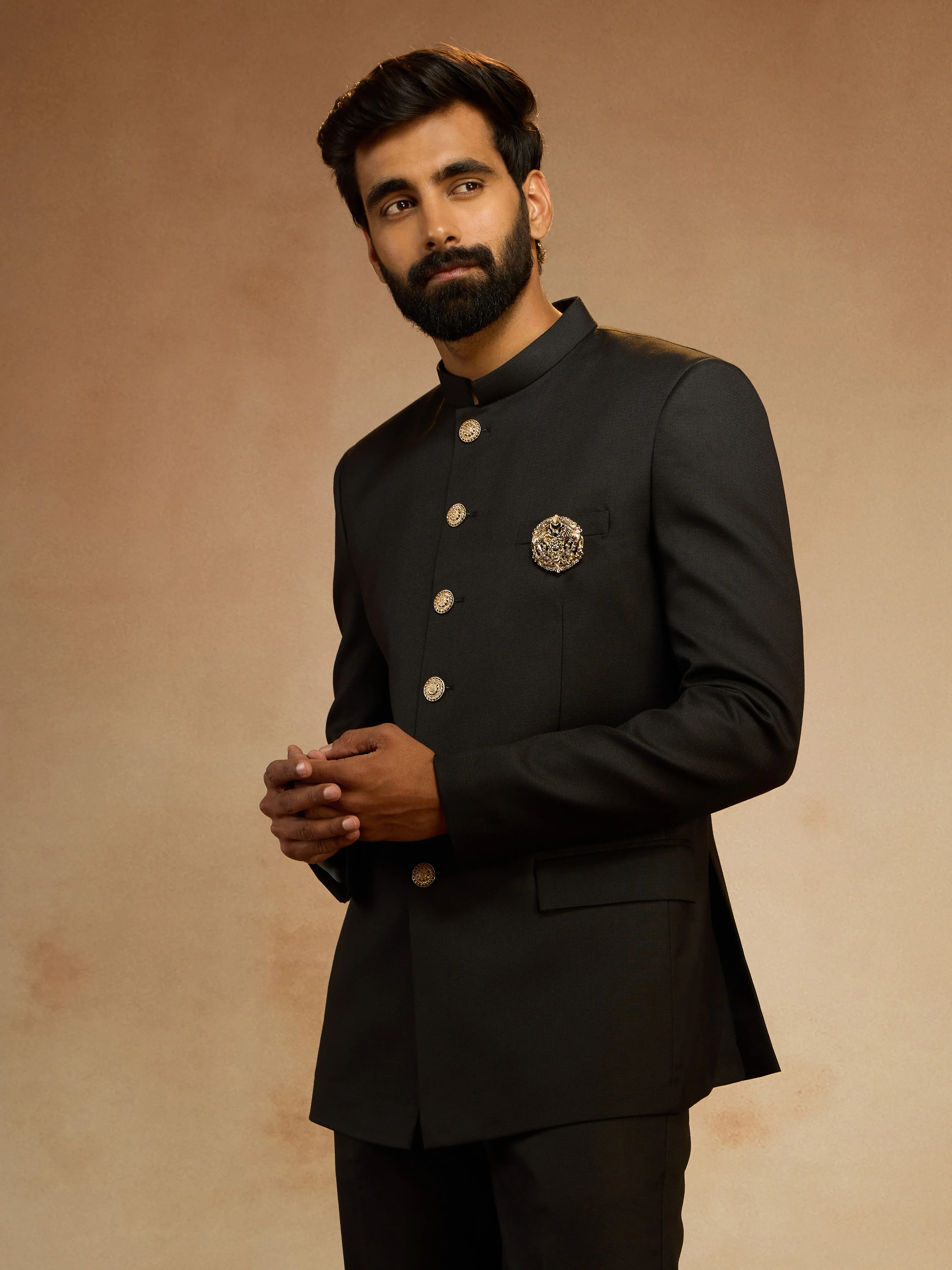 Men's Black Solid Jodhpuri Suit with Brooch Detail in Imported Suiting Lycra - Image 4