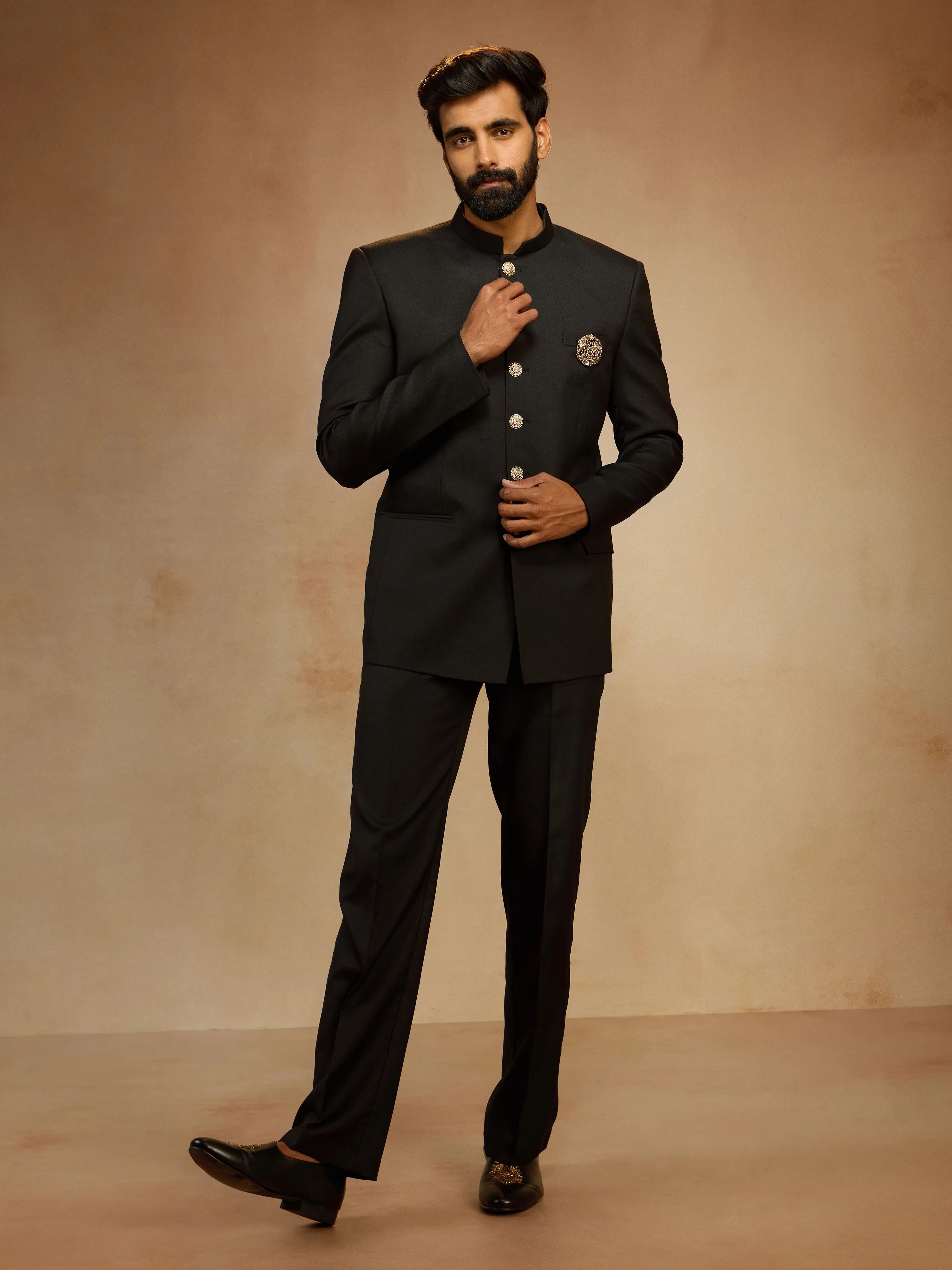 Men's Black Solid Jodhpuri Suit with Brooch Detail in Imported Suiting Lycra - Image 6