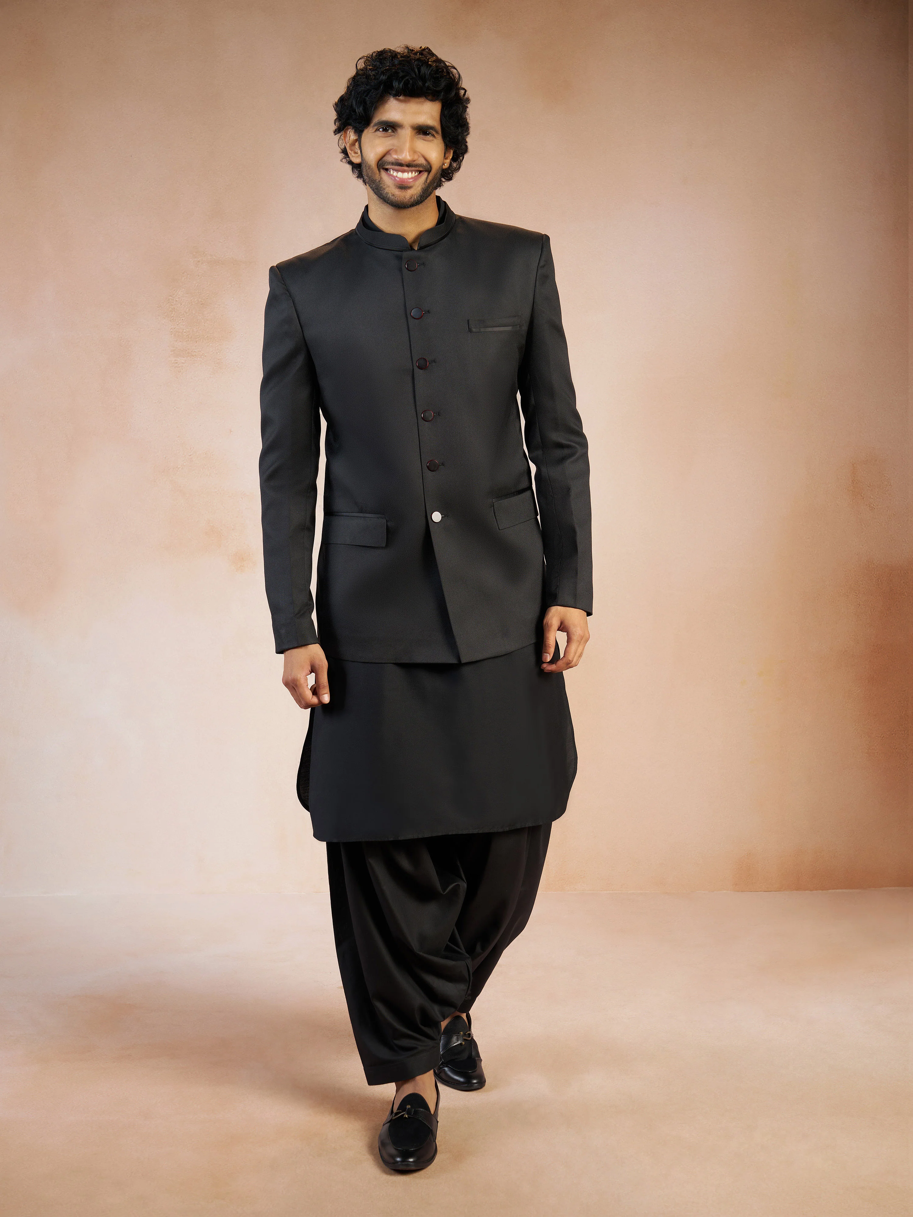 Men's Black Solid Jute Jodhpuri Suit with Linen Pathani Kurta & Viscose Patiala Set - Image 4