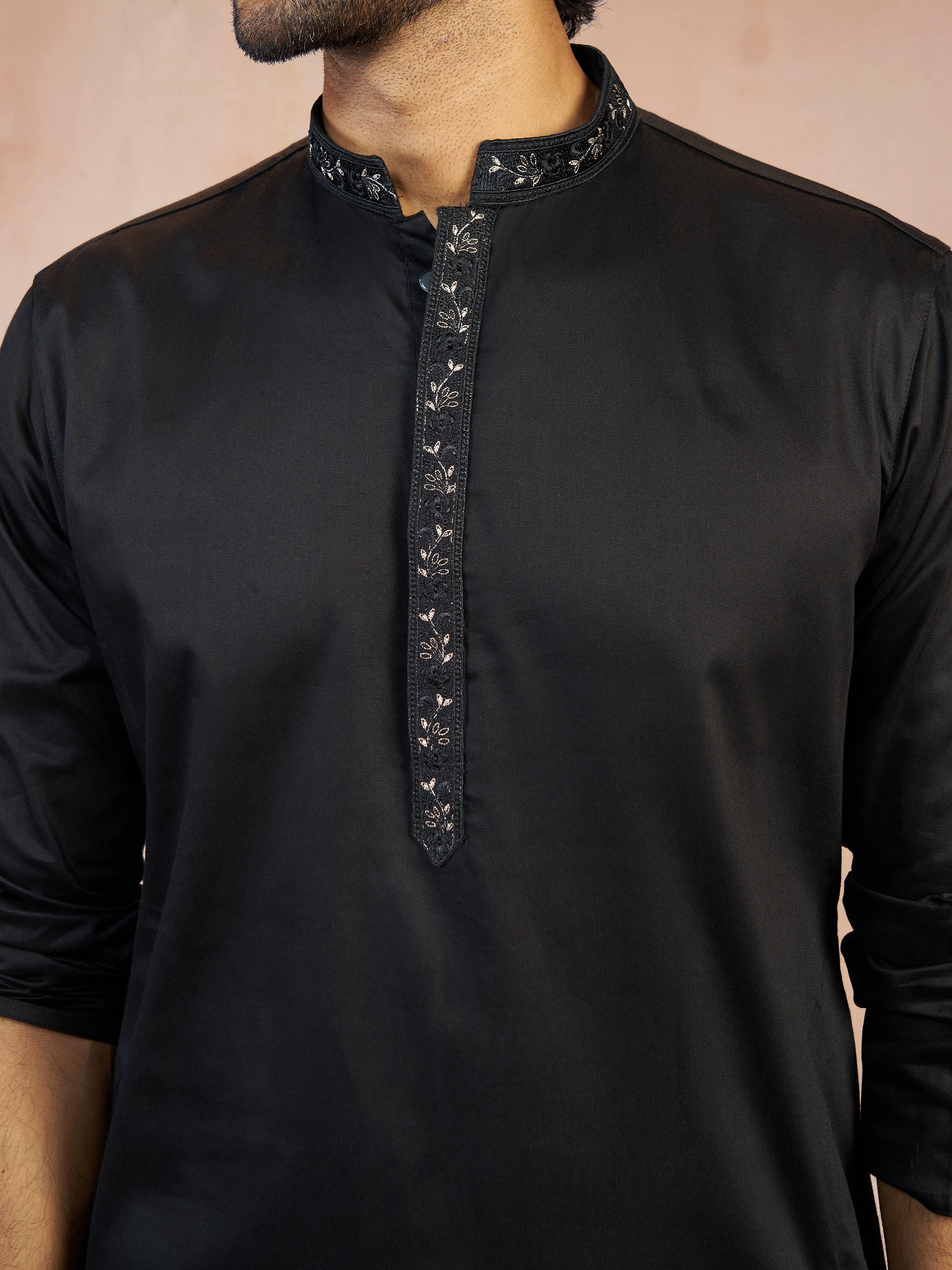 Men's Black Thread Knot Embroidered Cotton Blend Straight Kurta with Black Fine Satin Pyjama Set - Image 2