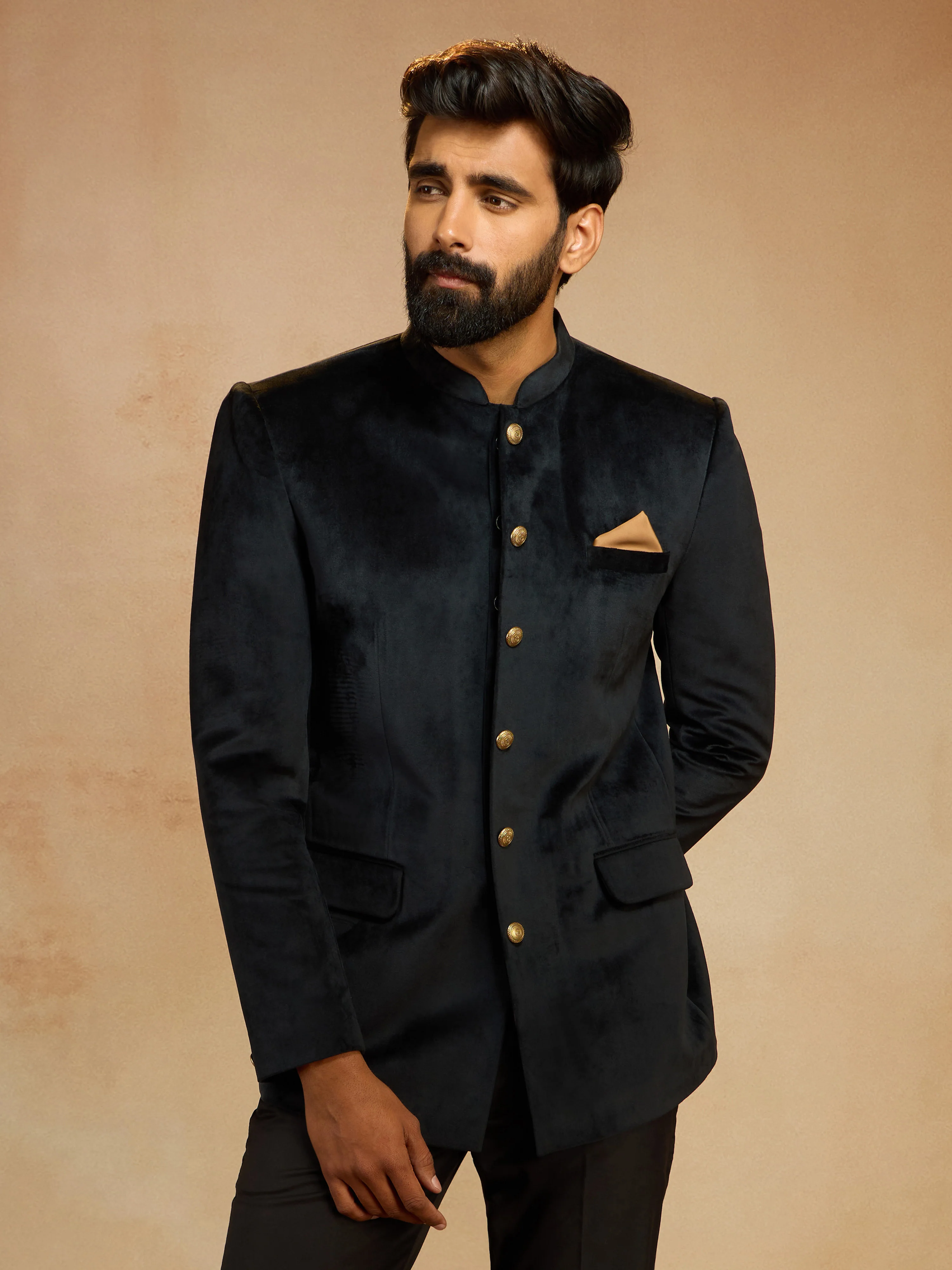 Men's Black Velvet Solid Slim Fit Jodhpuri Suit with Satin Detail
