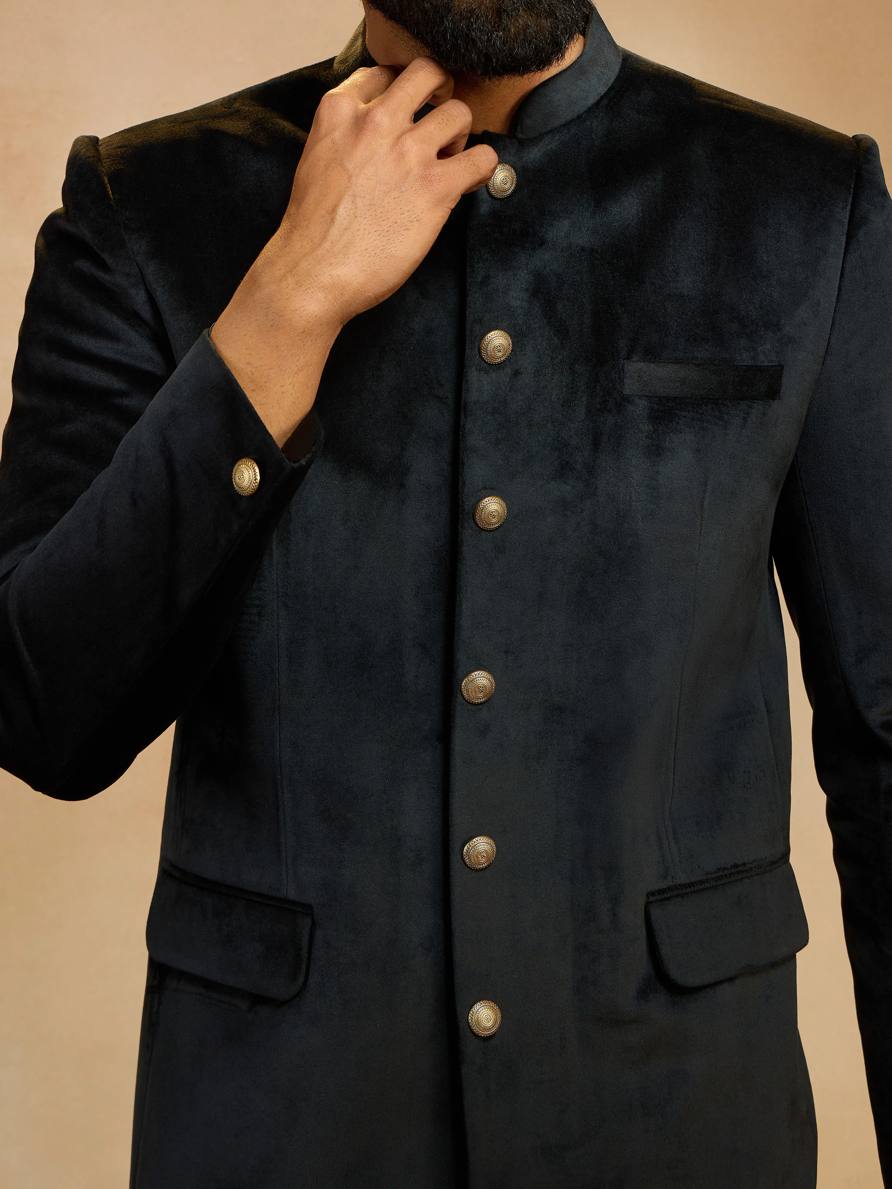 Men's Black Velvet Solid Slim Fit Jodhpuri Suit with Satin Detail - Image 2