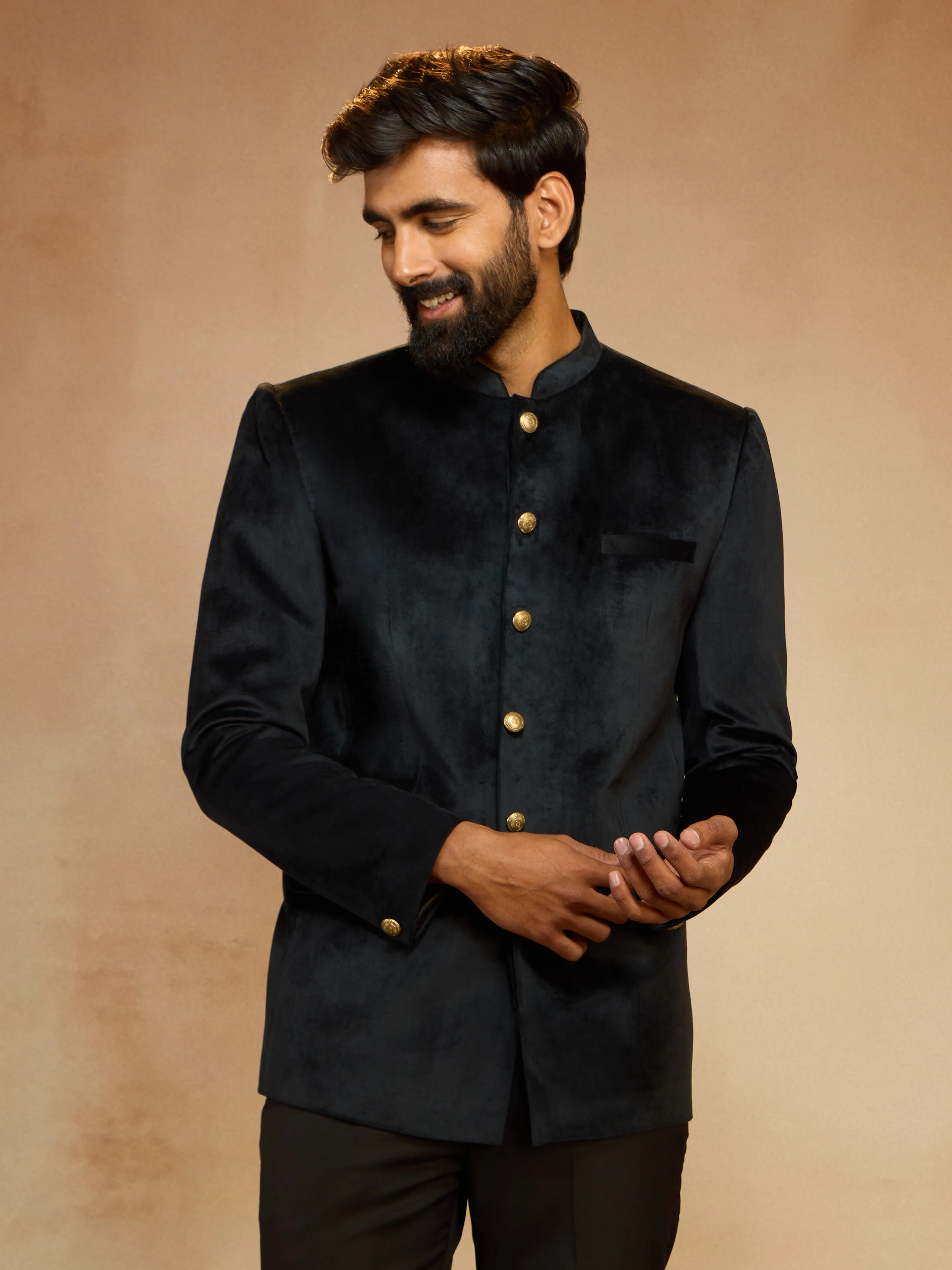 Men's Black Velvet Solid Slim Fit Jodhpuri Suit with Satin Detail - Image 3