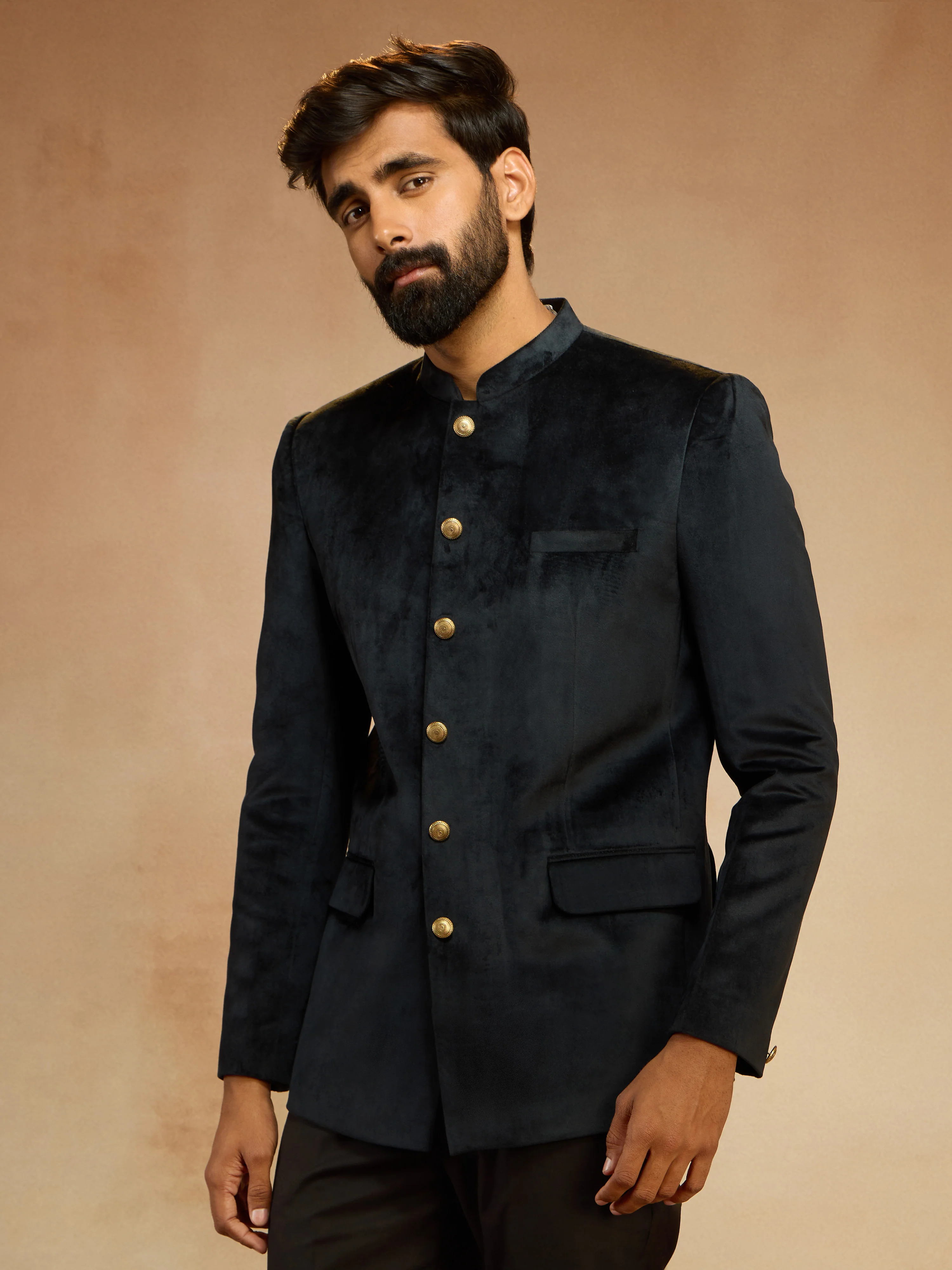 Men's Black Velvet Solid Slim Fit Jodhpuri Suit with Satin Detail - Image 4
