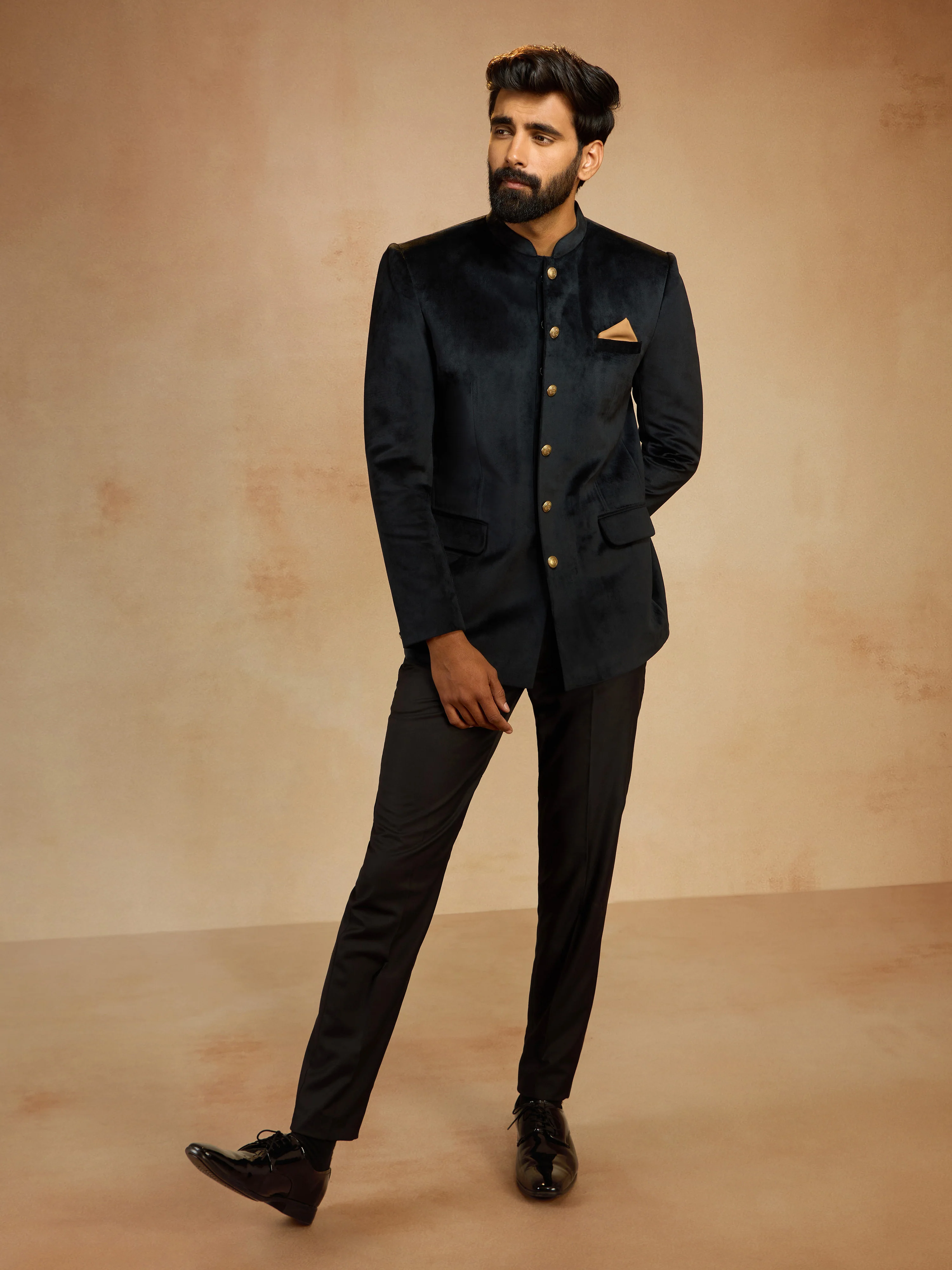 Men's Black Velvet Solid Slim Fit Jodhpuri Suit with Satin Detail - Image 6