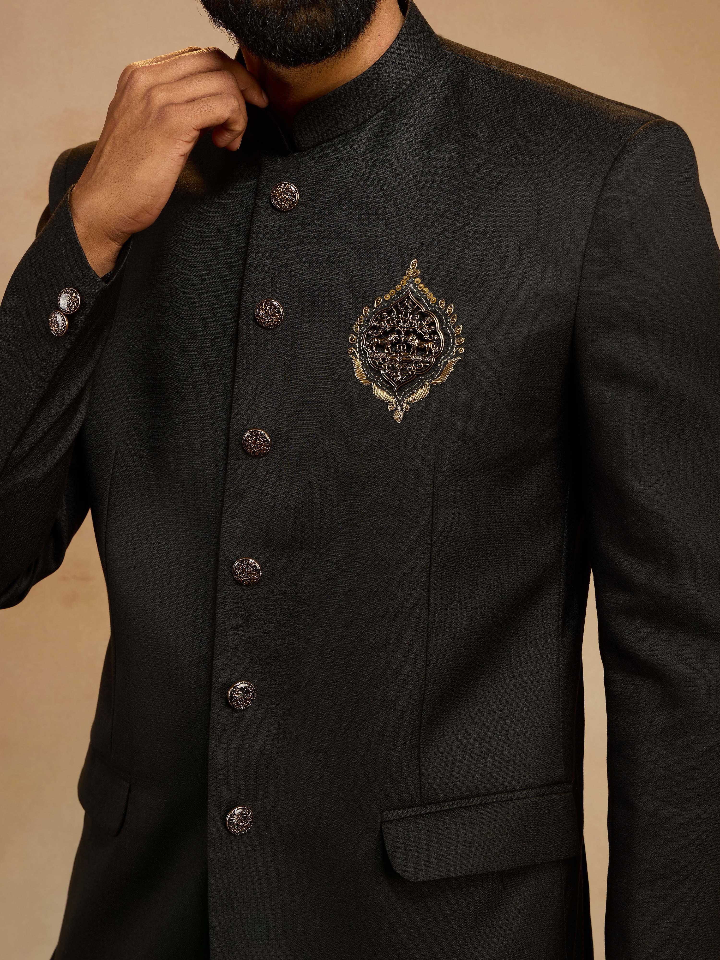 Men's Black Zardozi Sequin Embroidered Imported Suiting Lycra Jodhpuri - Image 2