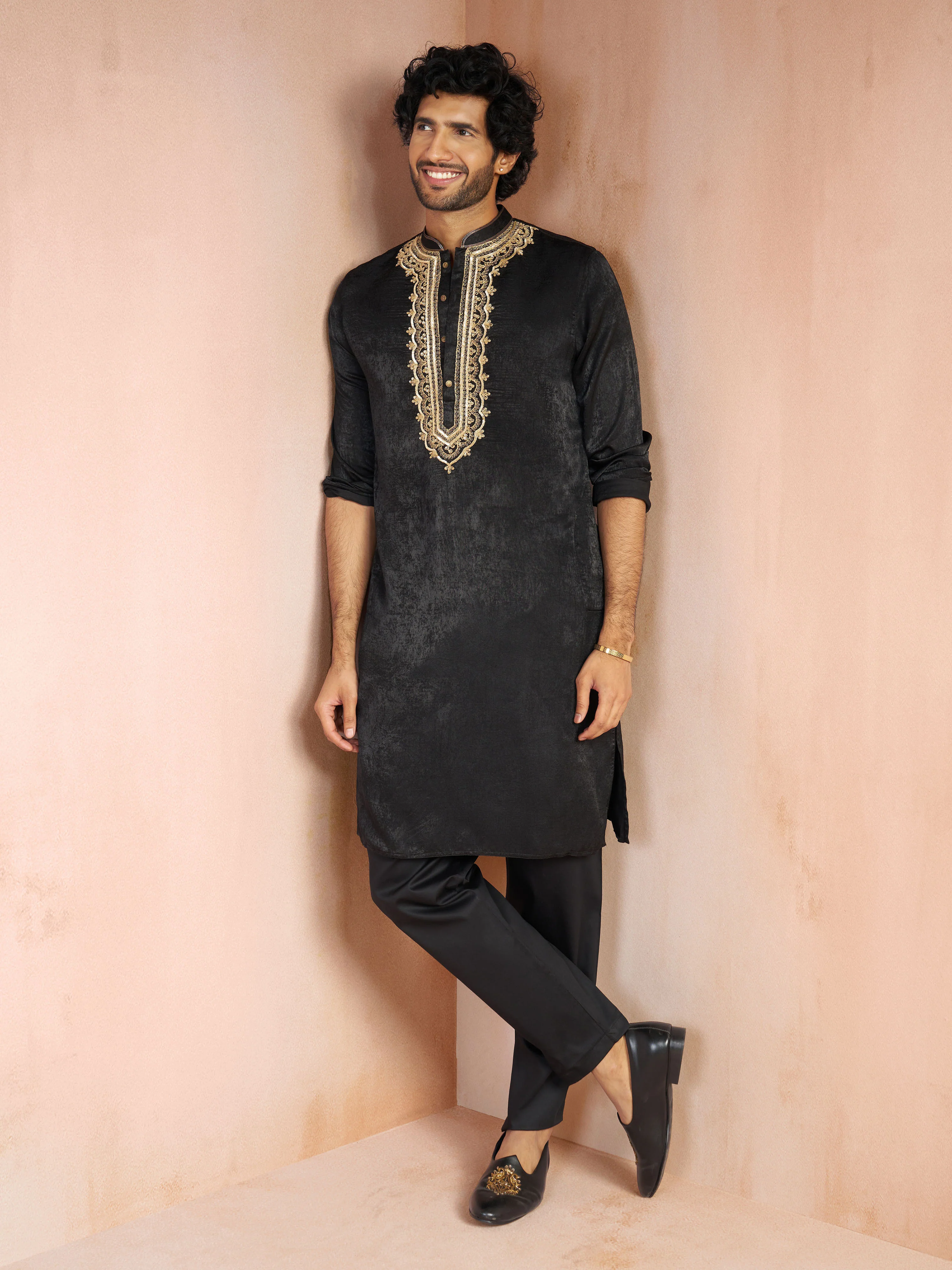Men's Black Zari Embroidered Silk Blend Kurta with Black Solid Silk Pyjama Set