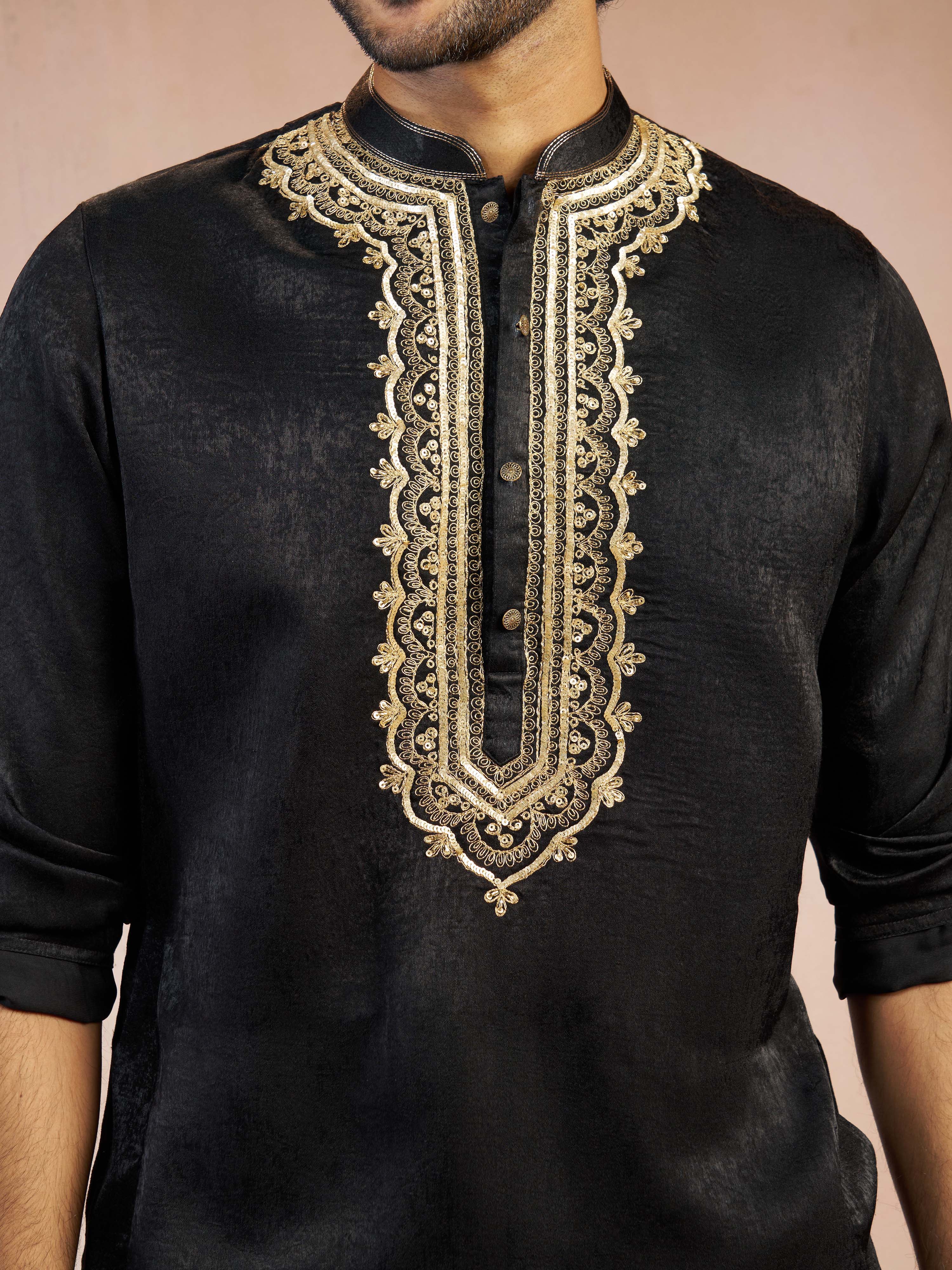 Men's Black Zari Embroidered Silk Blend Kurta with Black Solid Silk Pyjama Set - Image 2
