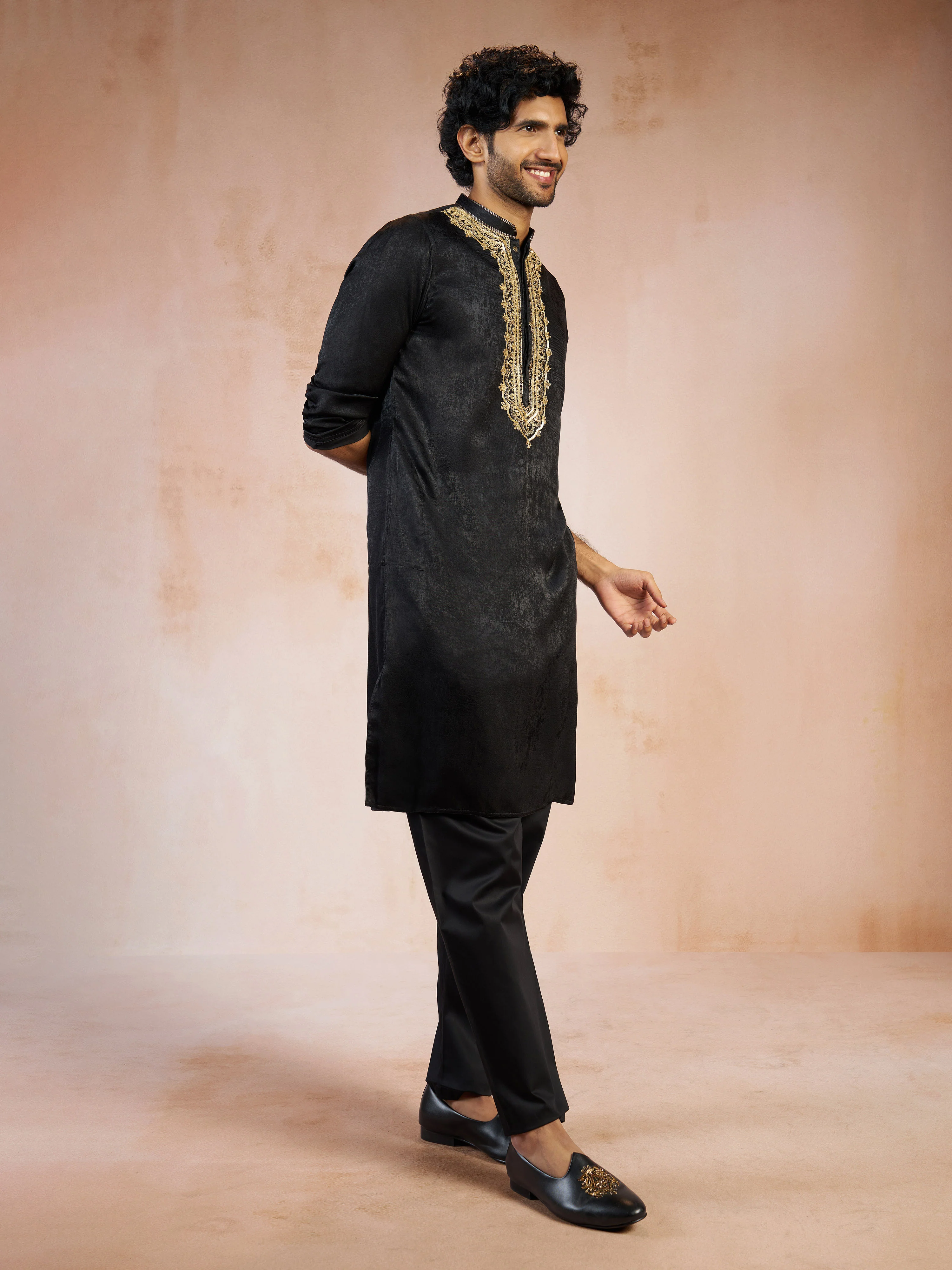 Men's Black Zari Embroidered Silk Blend Kurta with Black Solid Silk Pyjama Set - Image 3