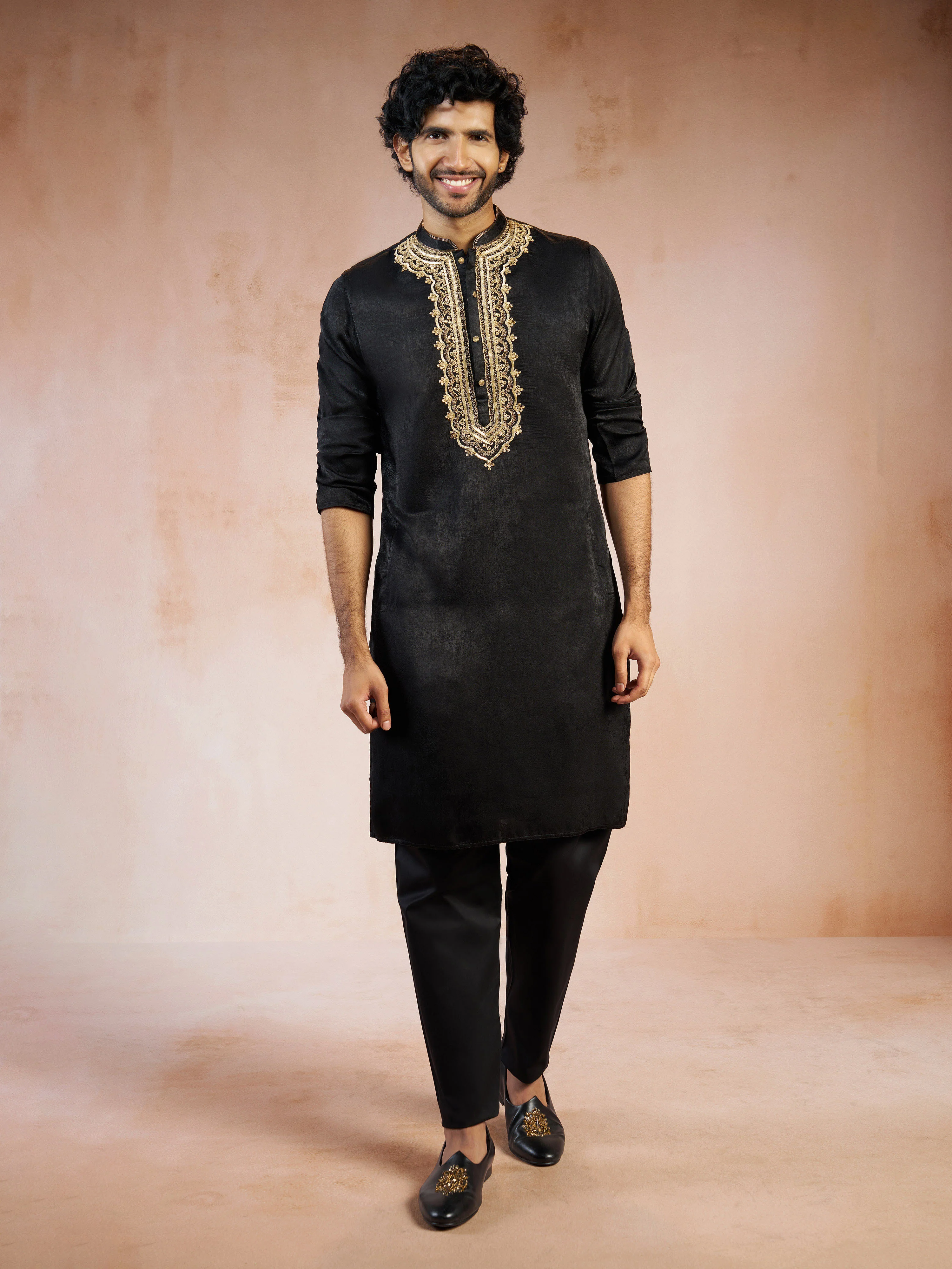 Men's Black Zari Embroidered Silk Blend Kurta with Black Solid Silk Pyjama Set - Image 4