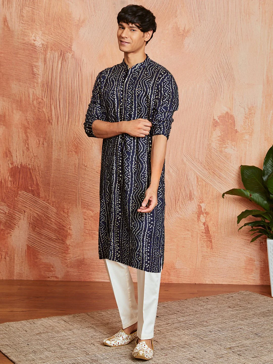 Men's Blue Foil Bandhani Digital Print Rayon Kurta with Cream Viscose Pyjama