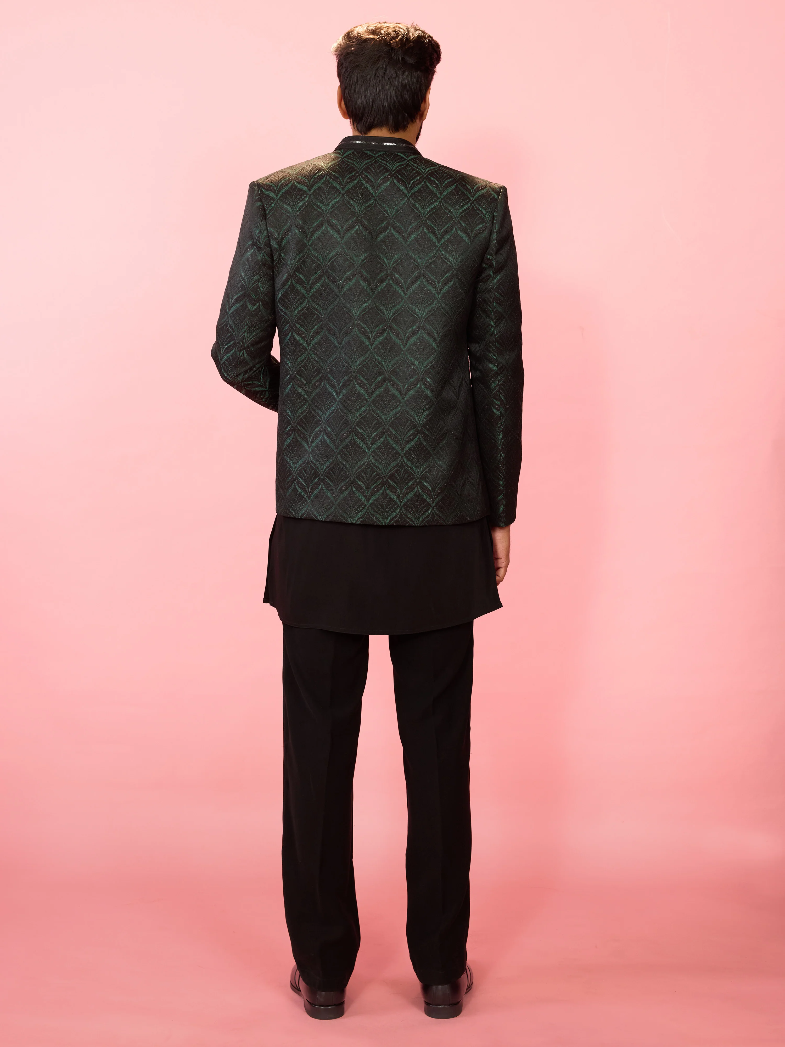 Men's Bottle Green Jodhpuri with Black Sequin Kurta & Straight Pant Set - Image 5