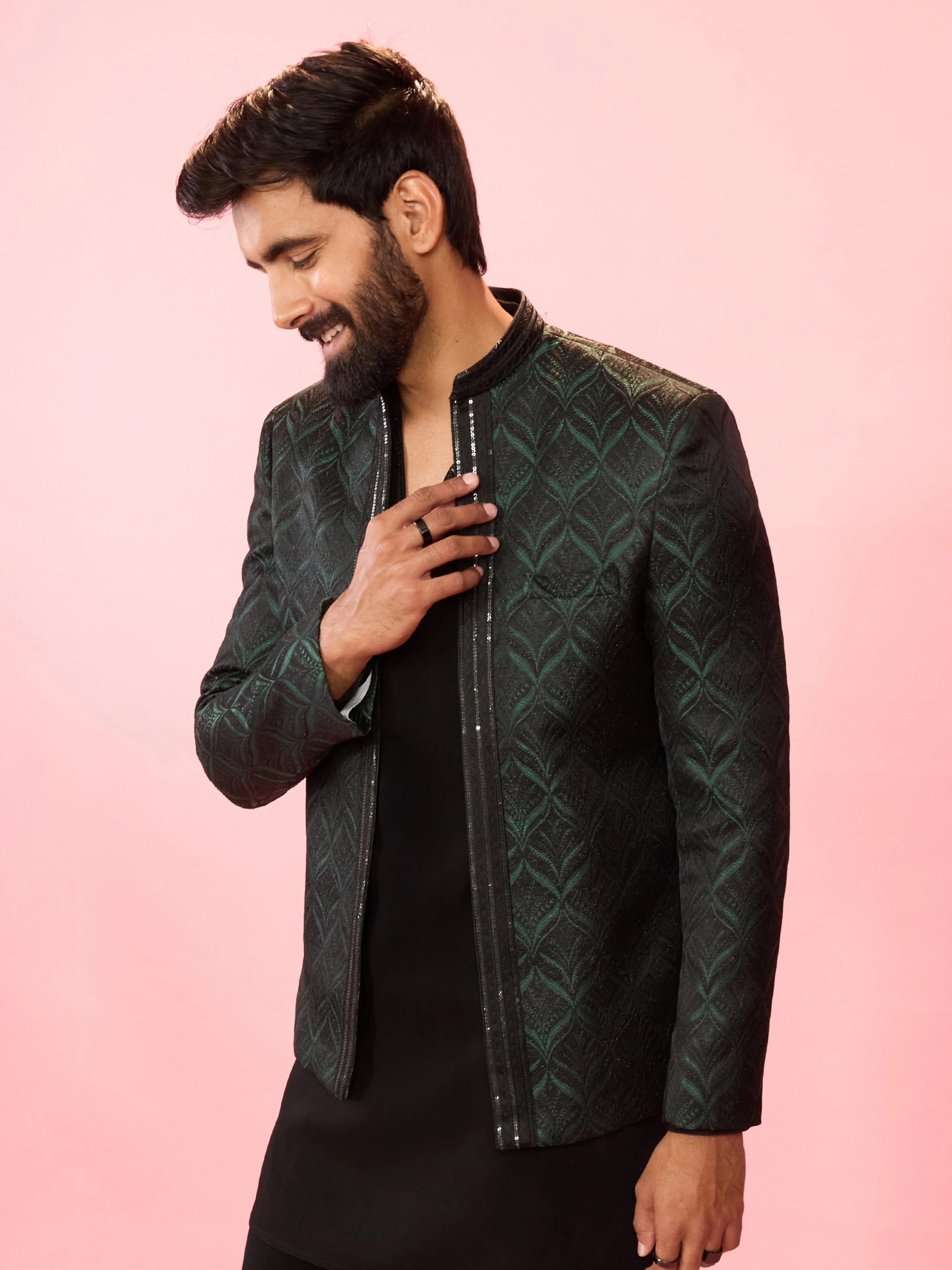 Men's Bottle Green Sequin Embossed Jodhpuri Blazer