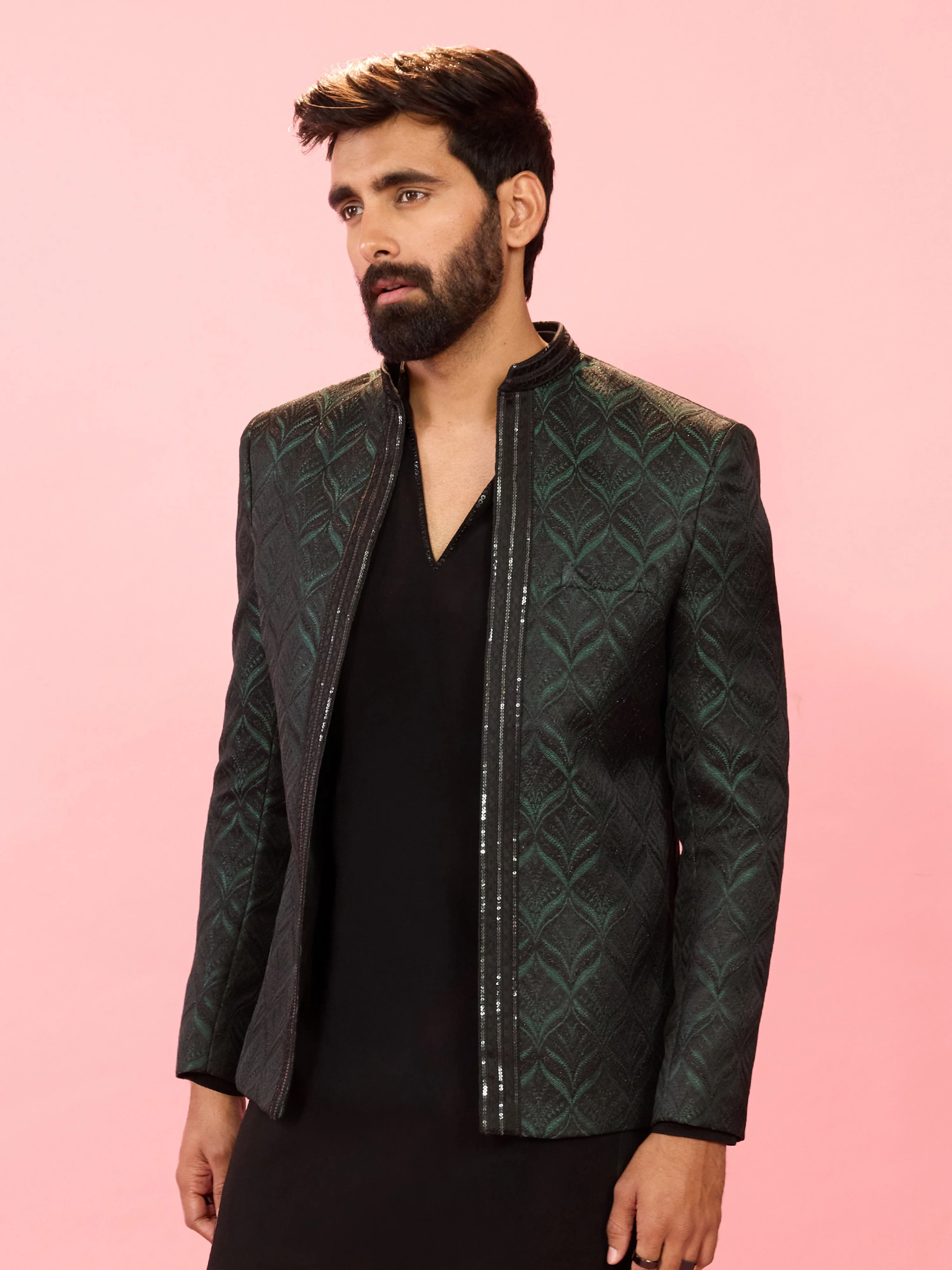 Men's Bottle Green Sequin Embossed Jodhpuri Blazer - Image 3