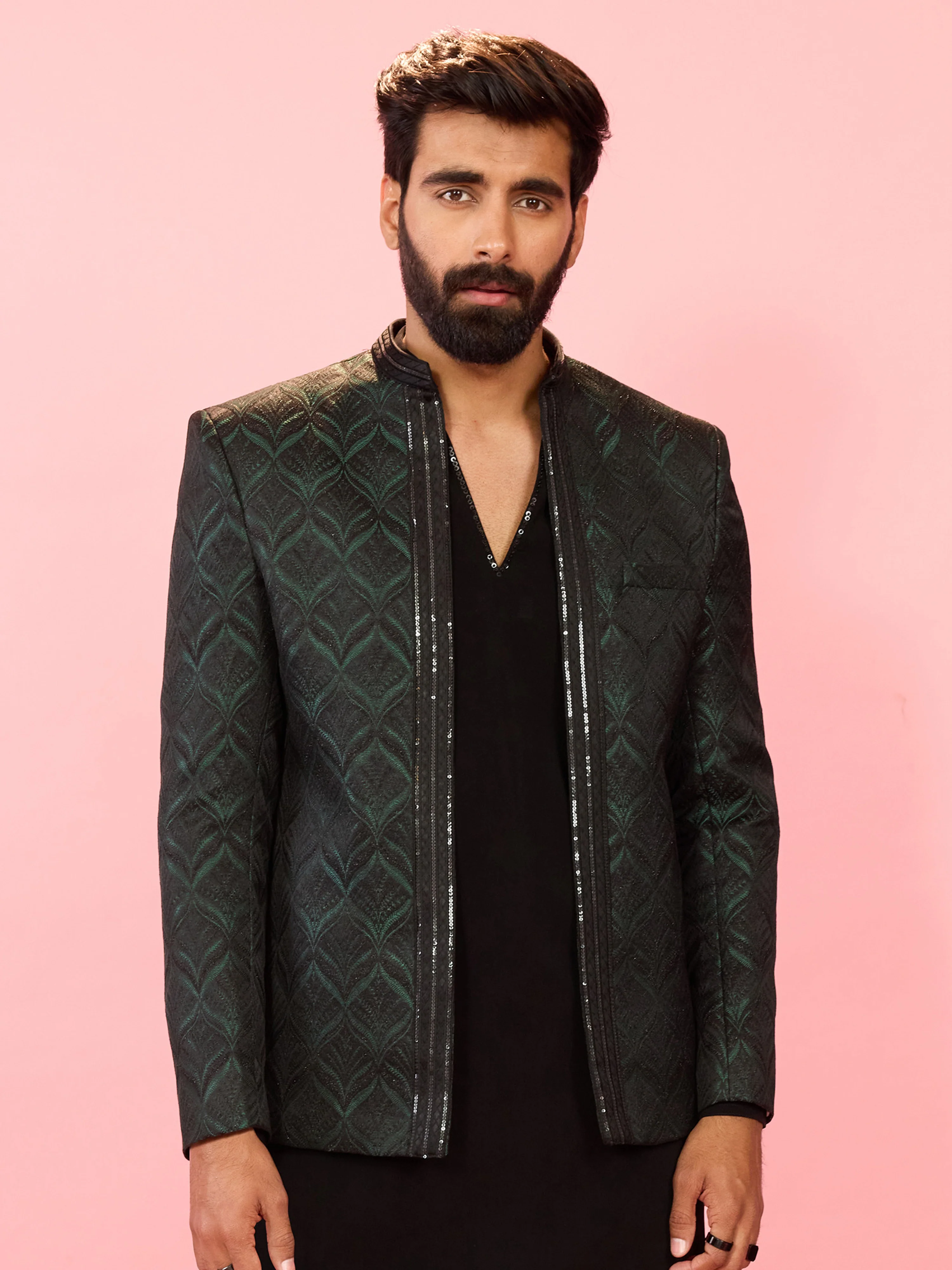 Men's Bottle Green Sequin Embossed Jodhpuri Blazer - Image 4